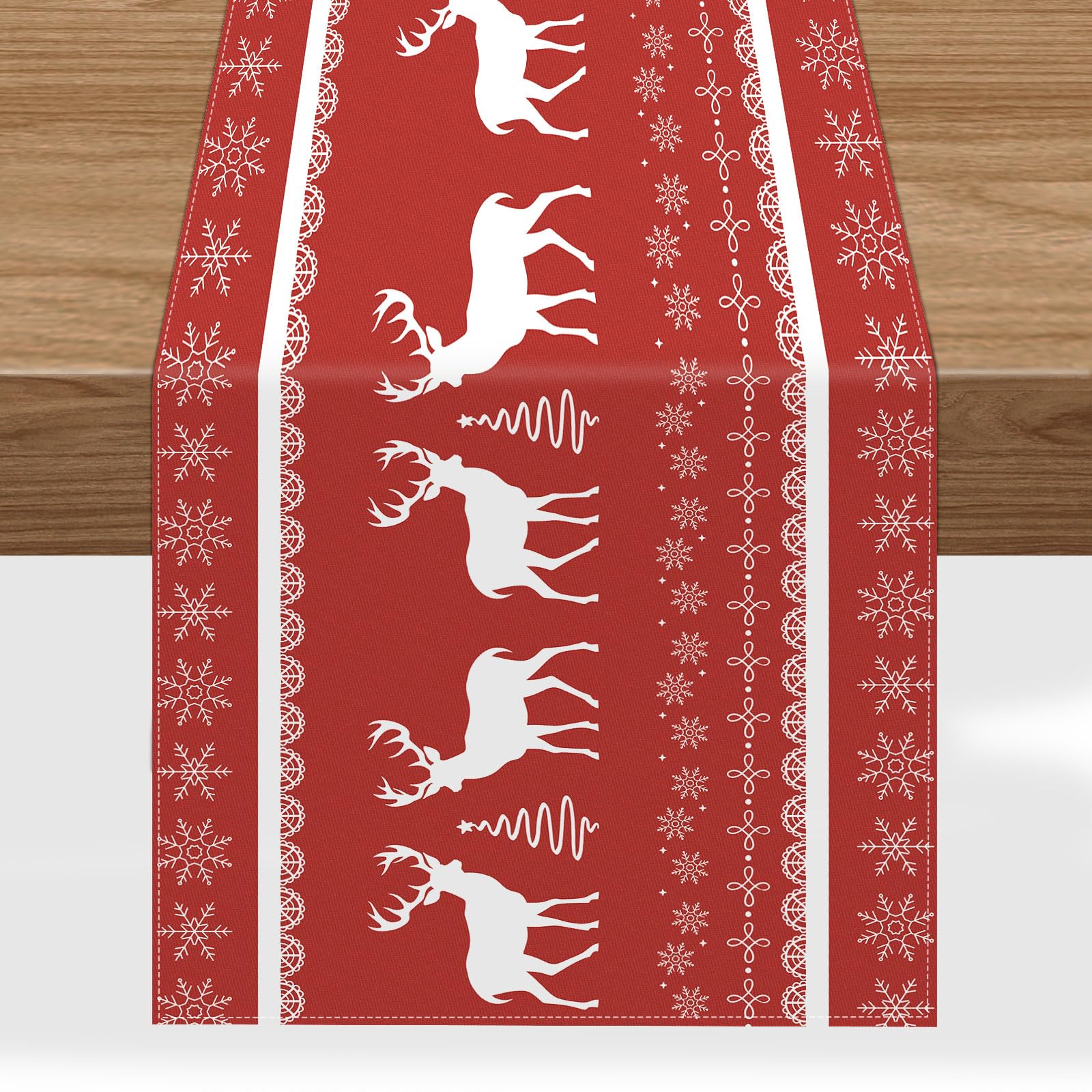 Lemicin Red Christmas Table Runners White Reindeer Snowflake Christmas Table Decorations Centrepiece for Seasonal Winter Xmas Kitchen Holiday Party 14 x 72 inch