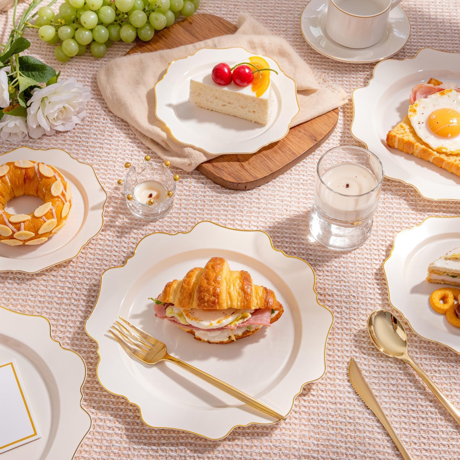 Ivory Gold Rim Plates - 200 Disposable Plates for Parties -6