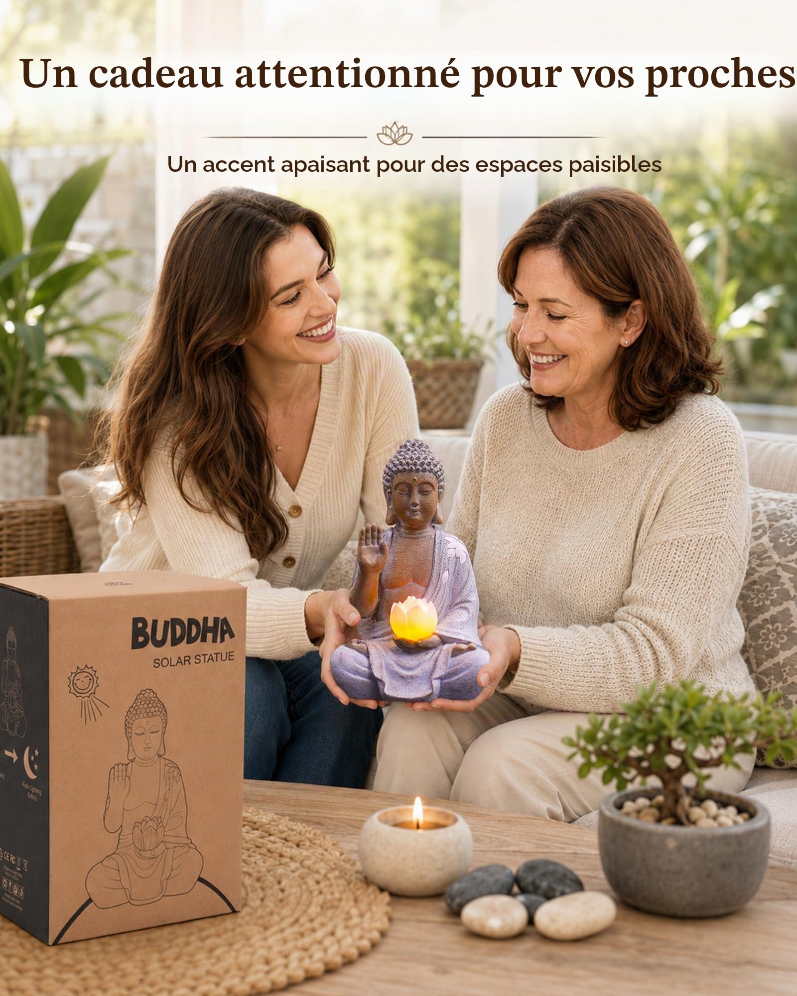 Yeomoo Statue de Bouddha avec LED solaire Lotus Décoration de jardin - Figurine de méditation résistante aux intempéries pour jardin Zen, salon Feng Shui, cadeau spirituel pour femmes, maman, hommes