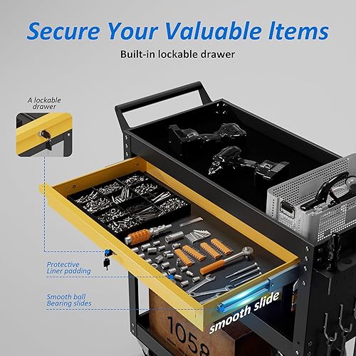 Miniatura 5 de Carrito de herramientas rodante de 3 niveles con ruedas con cajón y tablero de clavijas, capacidad de 420 libras, carrito organizador de