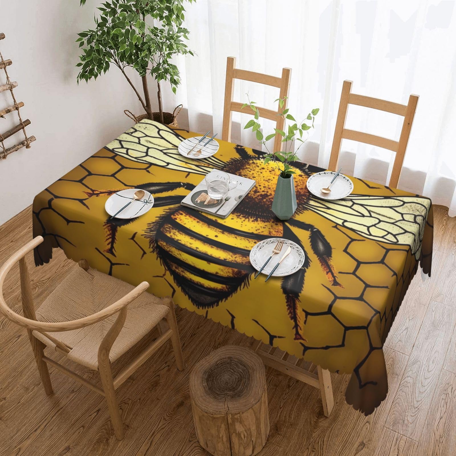 WPKJU Bee Honeybee Printed Rectangle Tablecloth 72x54 Inch with Lace Trim, Water-Resistant Washable Table Cover for Farmhouse Weddings, Outdoor Picnics & Holiday Dining
