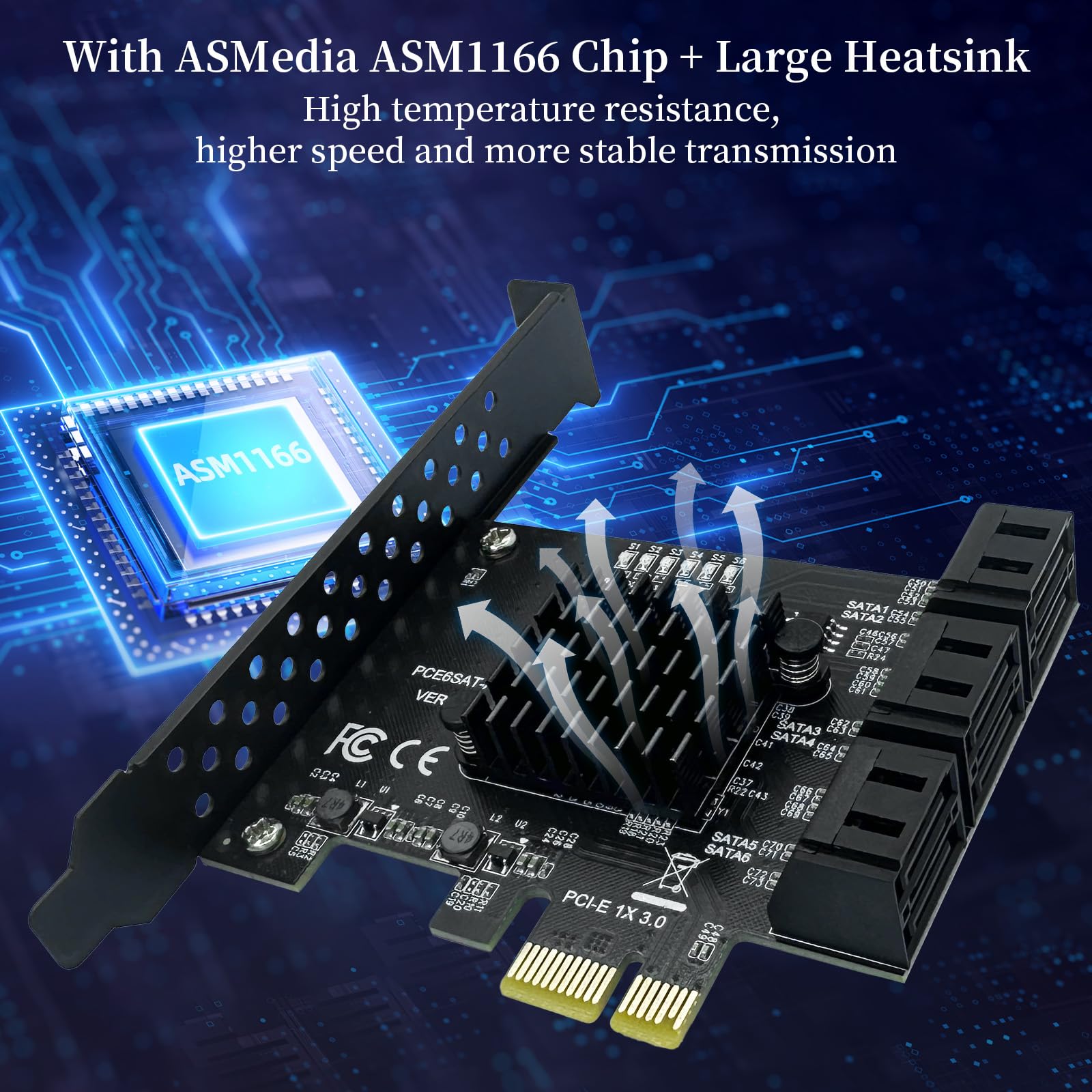 Adaptateur PCIe x1 SATA 6 Ports, controleur Gen3 6Gbit/s, ASM1166 | incl. 6 câbles SSD/HDD compatible avec Windows XP,7,8,10,11,Linux,macOS, 6 câbles SATA, 15 broches