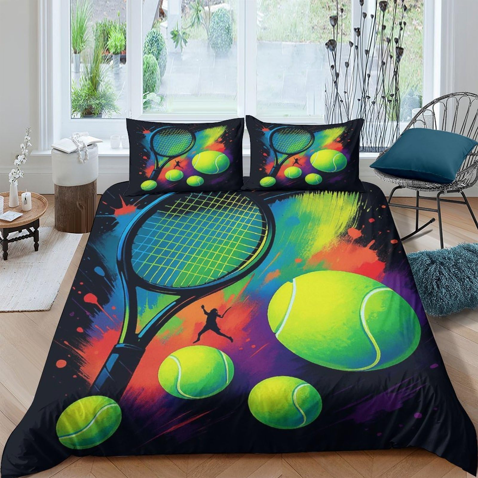 Ctjqhvkz Style-10 3D Printed Neon Tennis Ball Fitted Sheet Microfiber Soft Breathable Racket Bed Cover For Bedroom Dorm Mattress Decor Single（135X200cm）