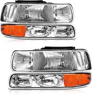 Headlights Assembly for 1999-2002 Chevy Silverado 1500 2500/2001 2002 Chevrolet Silverado 1500HD 2500HD 3500/2000-2006 Tahoe Suburban 1500 2500 Chrome Housing with Bumper Light LH+RH