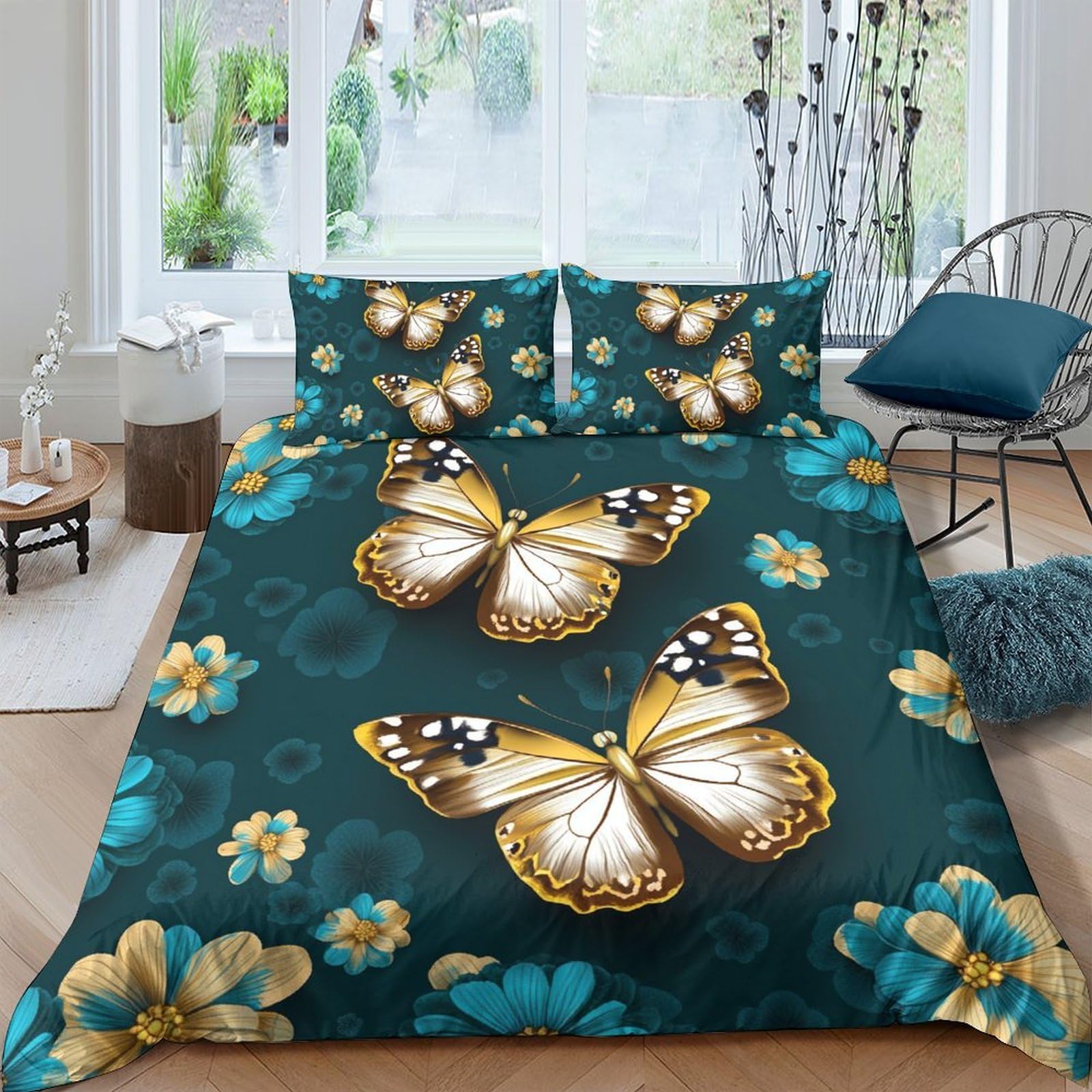 Ctjqhvkz Style-7 3D Printed Golden Butterfly Fitted Sheet Microfiber Dark Green Floral Mattress Cover For Bedroom Guest Room Dorm Decor Single（135X200cm）