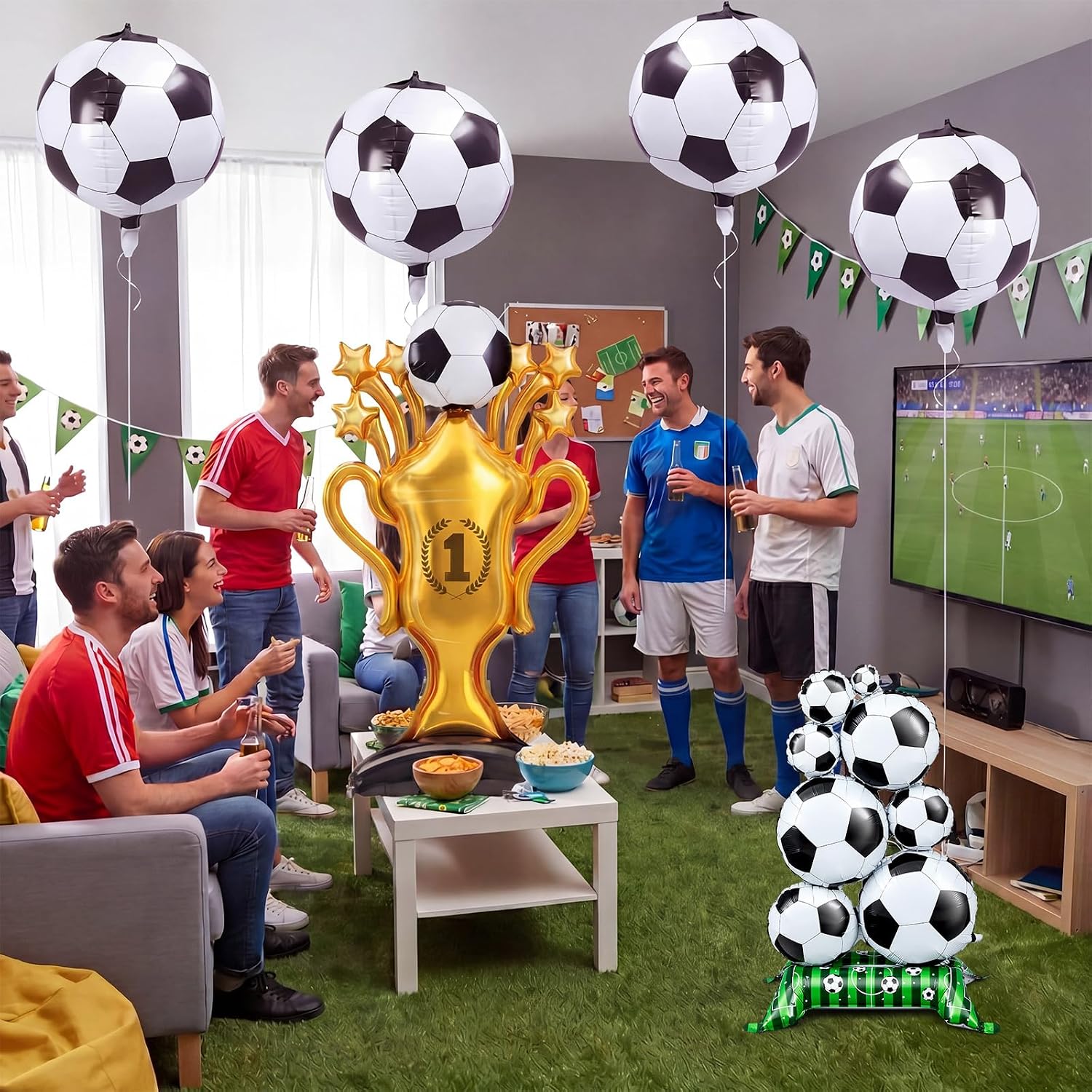 Soulchen 7 Pcs Giant Self Standing Soccer Trophy Foil Balloon Set Soccer Party Decorations Sports Birthday Themed Party Supplies for Fan