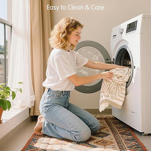 Miniatura 7 de Hokway Funda de sofá de felpilla con borlas, tela bohemia antideslizante para mascotas, protector de sofá reversible en forma de L (caqui bohemio,