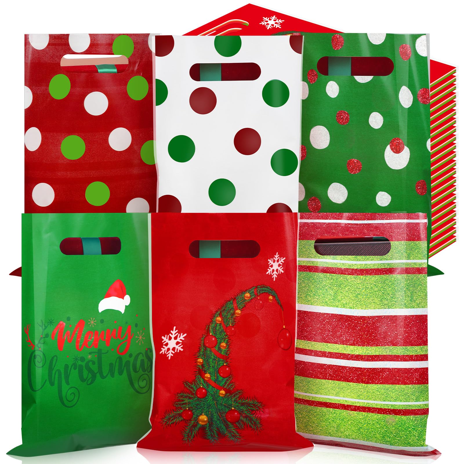 Sinmoe Lot de 200 sacs de Noël en plastique réutilisables avec poignées - 22,9 x 30,5 cm - Pour le shopping, le détail, les fêtes (motif elfe rouge, vert, vert)