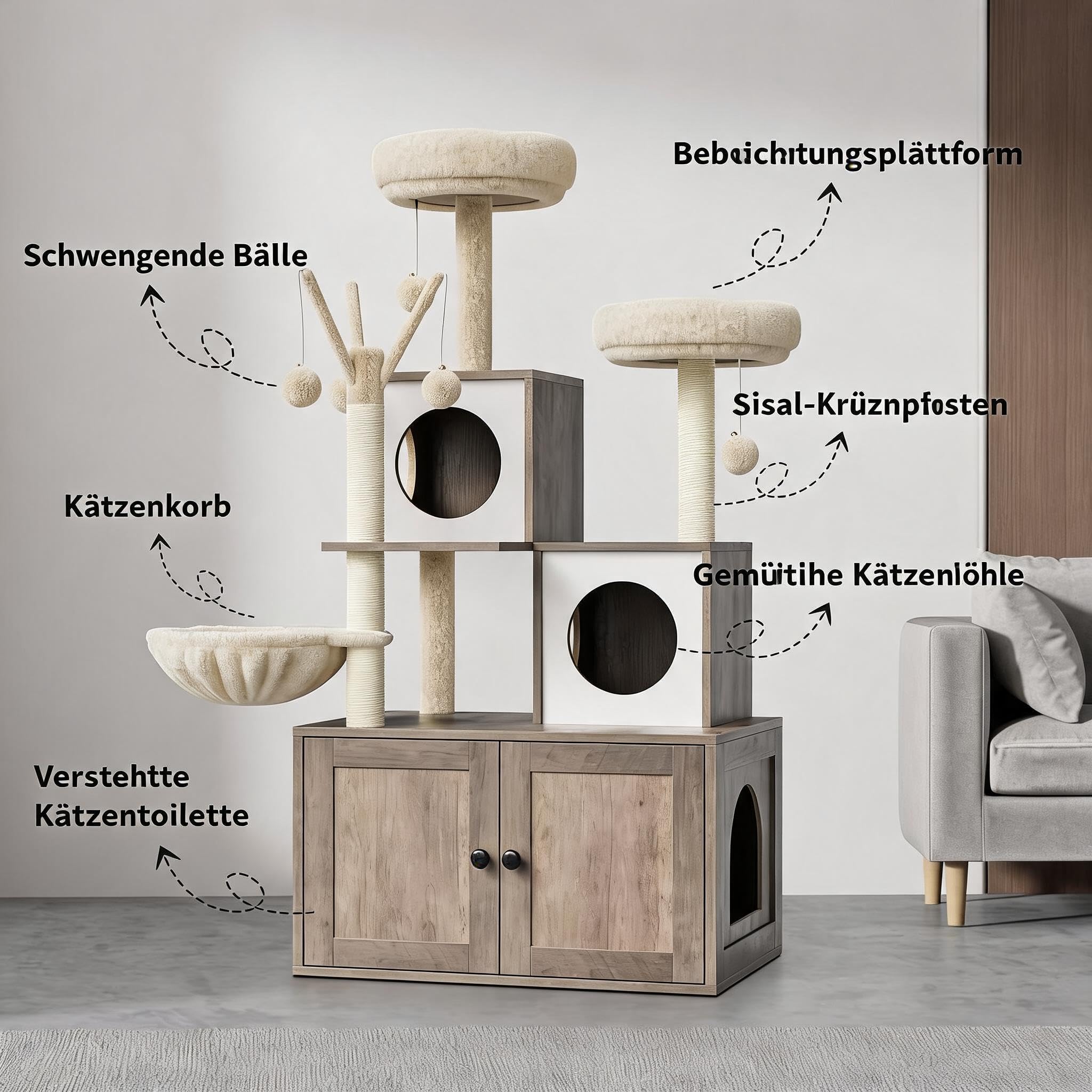 Kratzbaum mit Katzenklo Schrank, mehrstöckiger Katzenbaum aus Holz mit Sisalstämmen, Katzenkratzbaum mit Plüschbälle, kuschelige Hängematte, Versteckte Katzentoilette, Grau