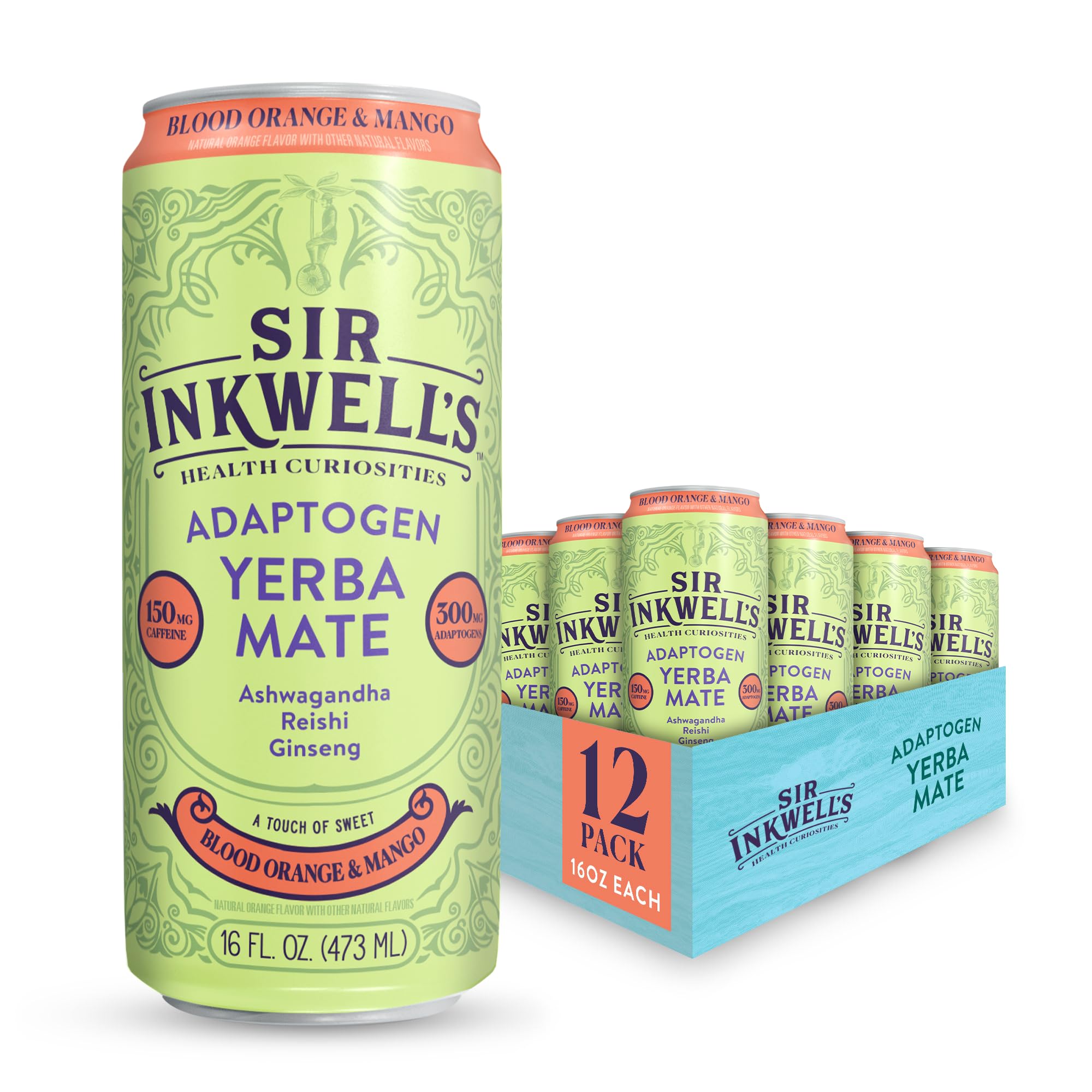 SIR INKWELL'S Adaptogen Yerba Mate | Healthful Energy Organic Caffeine | 300mg Ashwagandha Reishi Ginseng | Immunity Stress Support | Non-GMO Vegan | Blood Orange & Mango 16oz 12pk