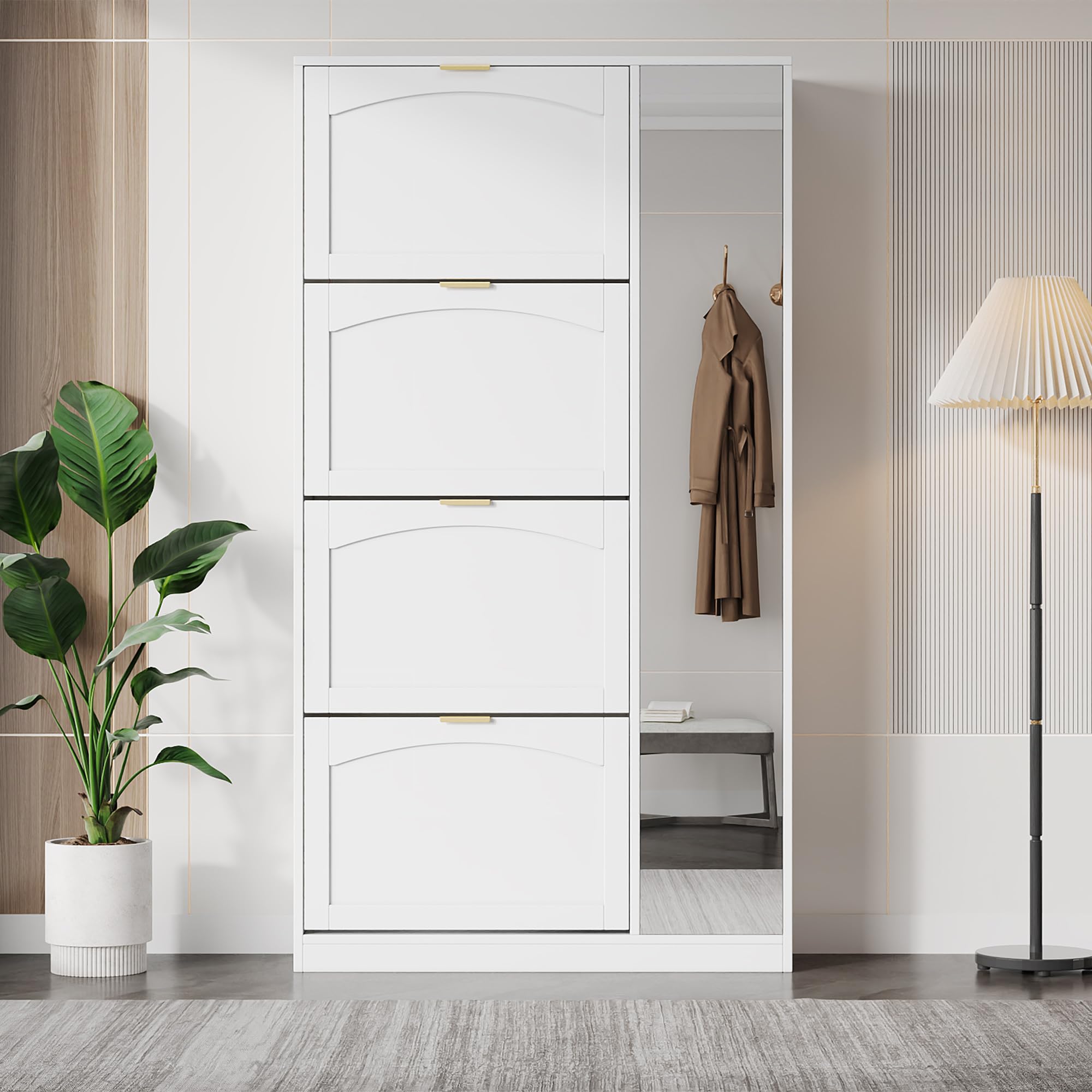 Moderna scarpiera con specchio, 4 scomparti pieghevoli, ripiano regolabile dietro lo specchio destro, ideale per il corridoio, larghezza 80/altezza 147/profondità 24 cm