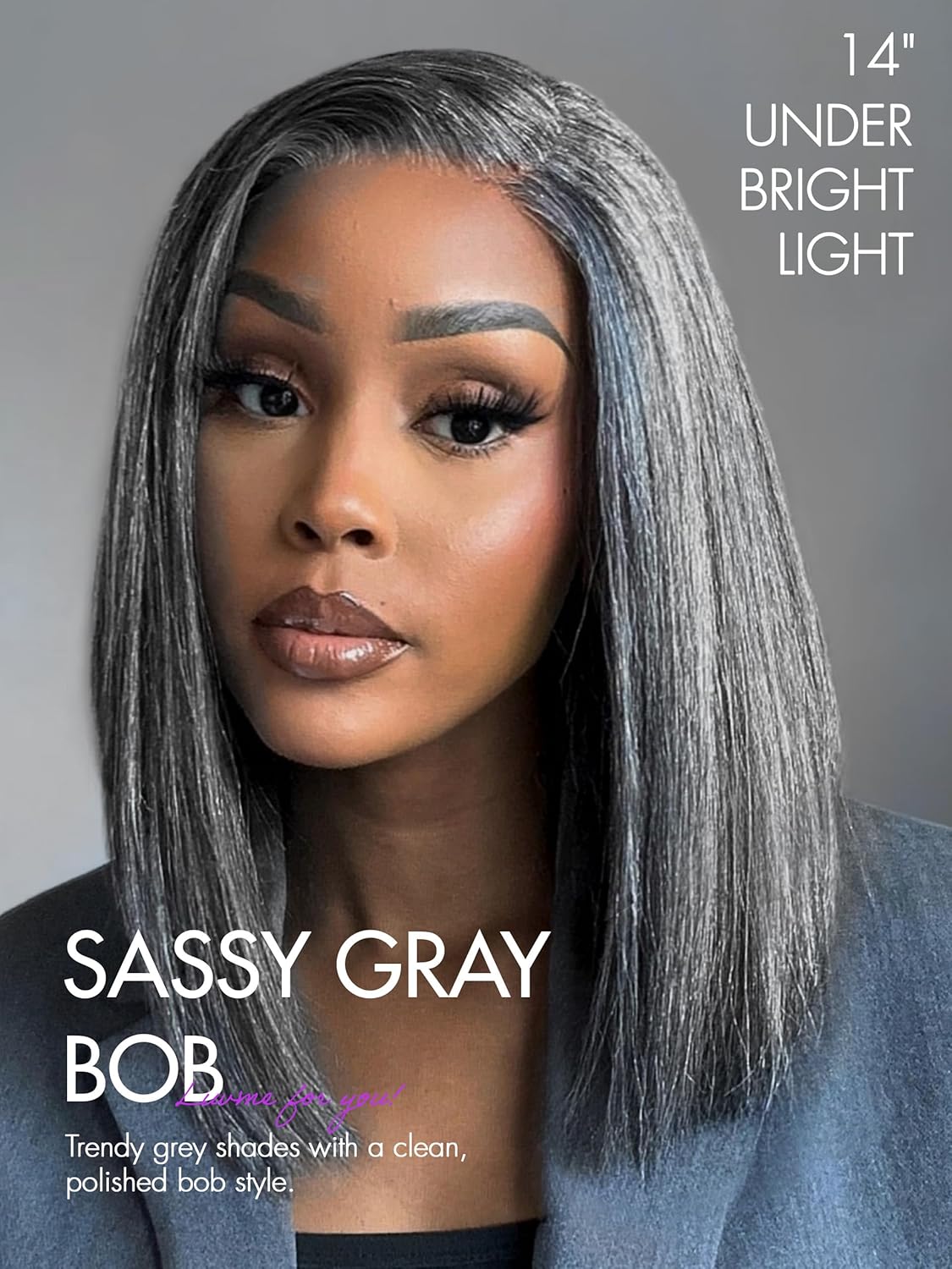 LUVME HAIR 14'' Grey Salt & Pepper Bob Wig Blunt Cut Bob Wig Pre Cut Glueless Wigs Glueless Lace Front 14 Inches Bob, Pre Cut Plucked Hd Lace Short Wig Ready To Go Natural Color Straight Side Part