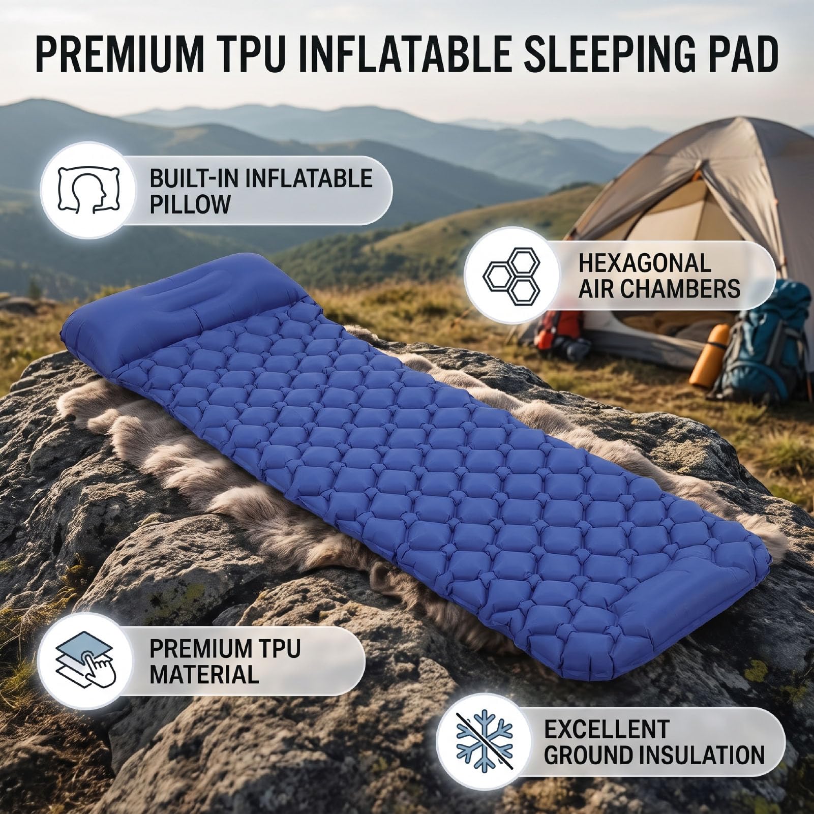 Camping Sleeping Pad with Built-in Pillow Design | Doskonała izolacja, sześciokątne komory powietrzne, łatwe czyszczenie i pakowanie, idealne do użytku na zewnątrz