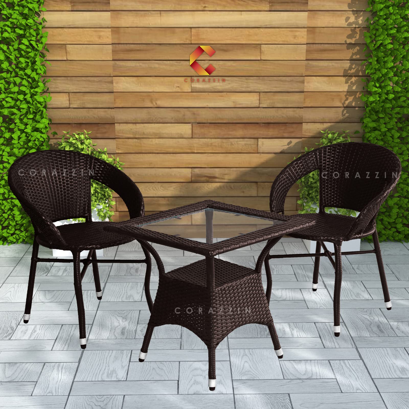 Corazzin Garden Patio Seating Chair And Table Set Outdoor Balcony Garden Coffee Table Set Furniture With 1 Square Table And 2 Chairs Set (Dark Brown) Rattan, 32 Inch, 19 Inch-image-45