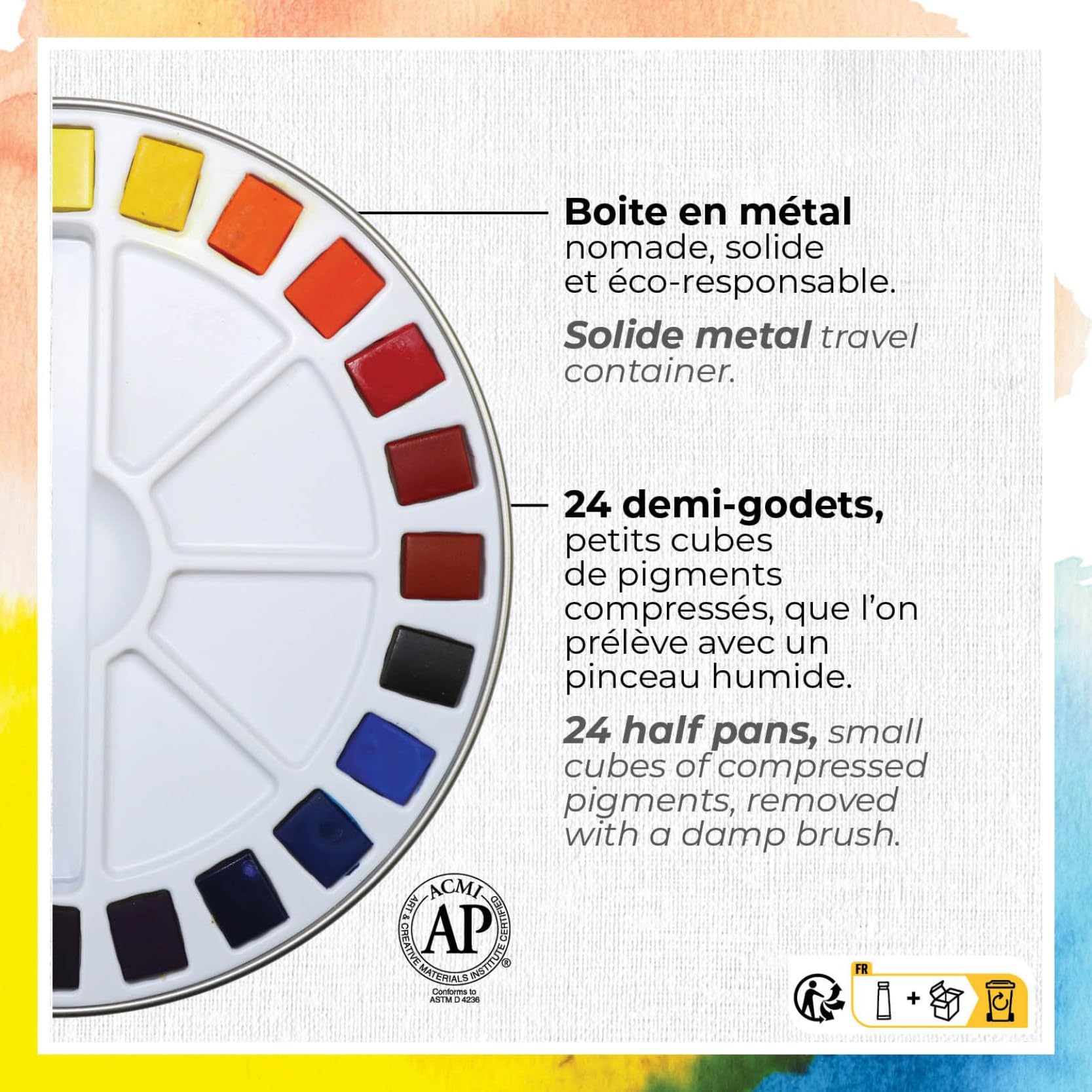 PEBEO - Set 24 Demi Godets Aquarelle + Accessoires + Carnet Papier + Pinceau Réservoir + Feutre Noir - Kit Aquarelle pour Artiste et Débutant - Couleurs Lumineuses