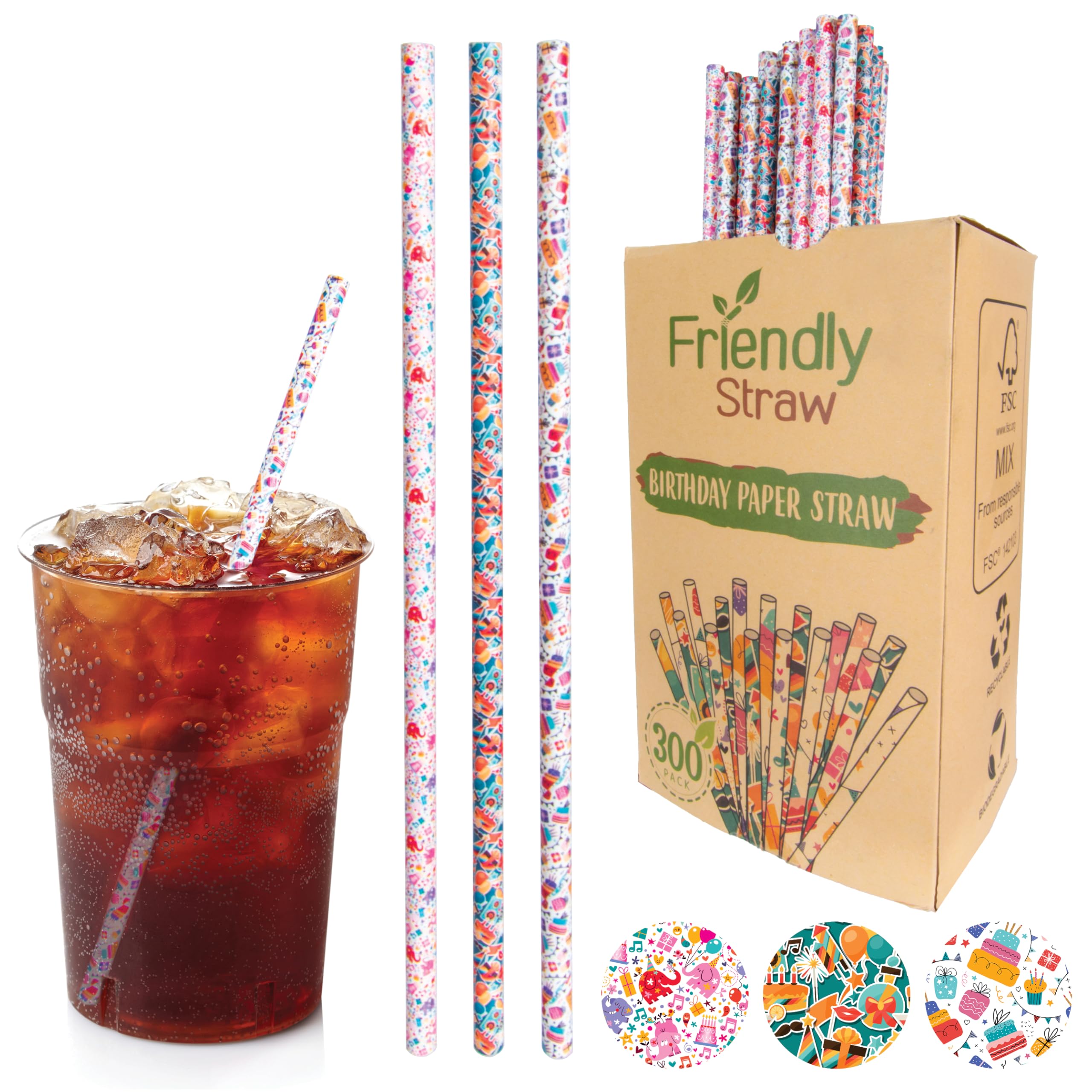 Friendly Straw 300 Pack 7.75" x .25" Paper Straws for Drinking, Party Theme - Perfect for Parties & Events