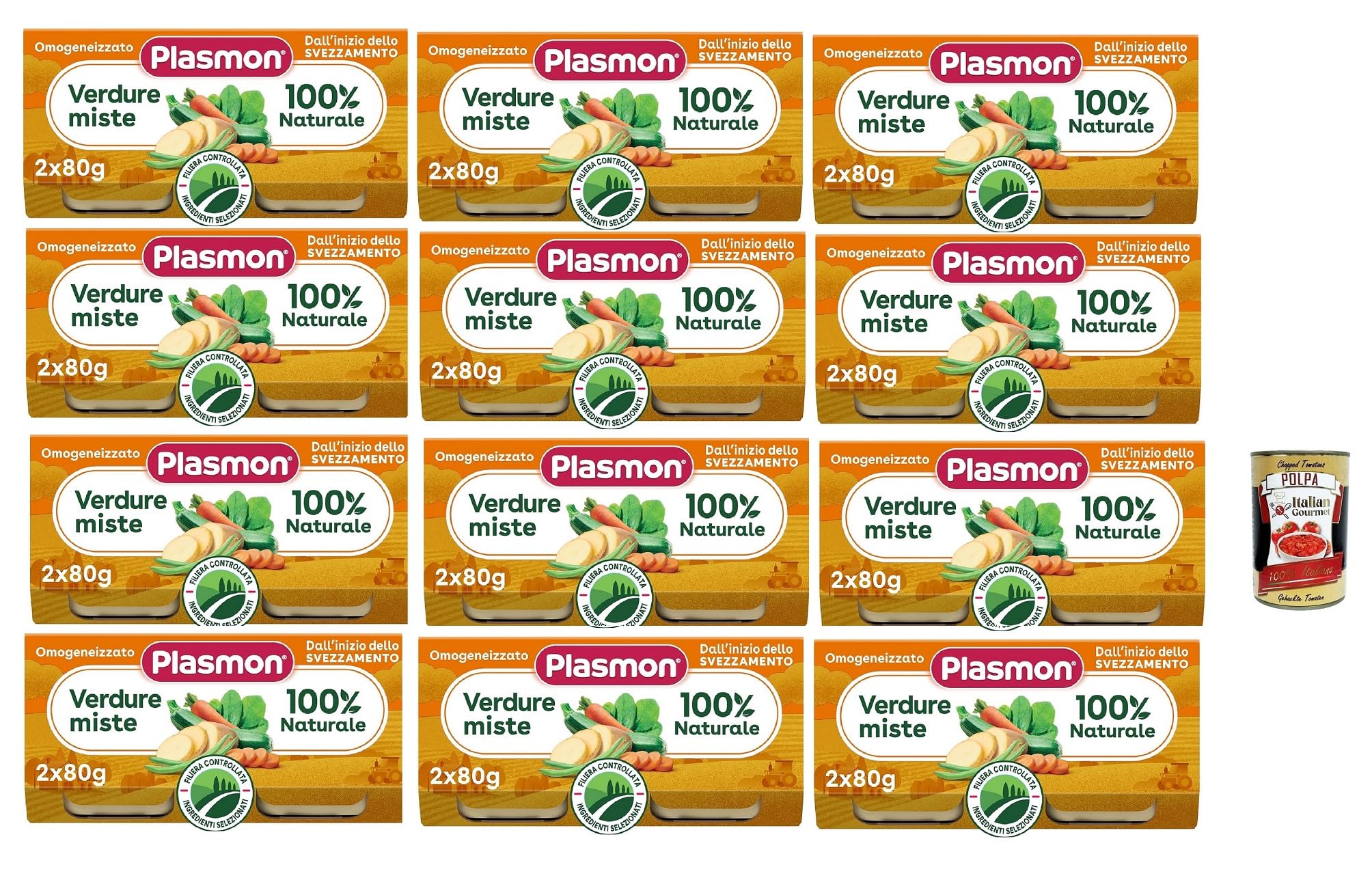 Plasmon verdure miste, 12x (2x 80g), Mit ausgewählten Zutaten, 100% natürlich, Ohne Stärken und Salz hinzugefügt + Italian Gourmet polpa 400g