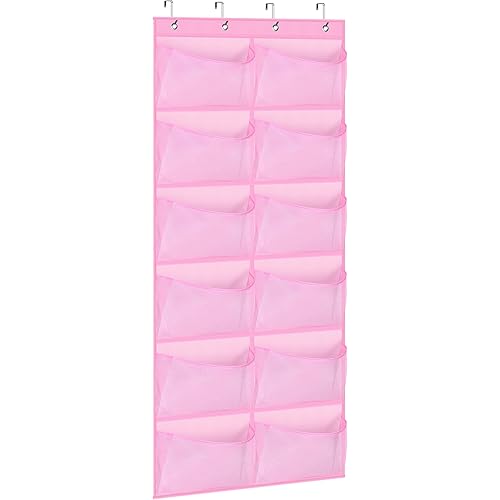 KIMBORA 12 Large Mesh Pockets Over the Door Shoe Organizer for Closet Hanging Shoe Rack for Door Sneaker Hanger Boot Storage for Kids, Baby, Toddler, Girl, Pink