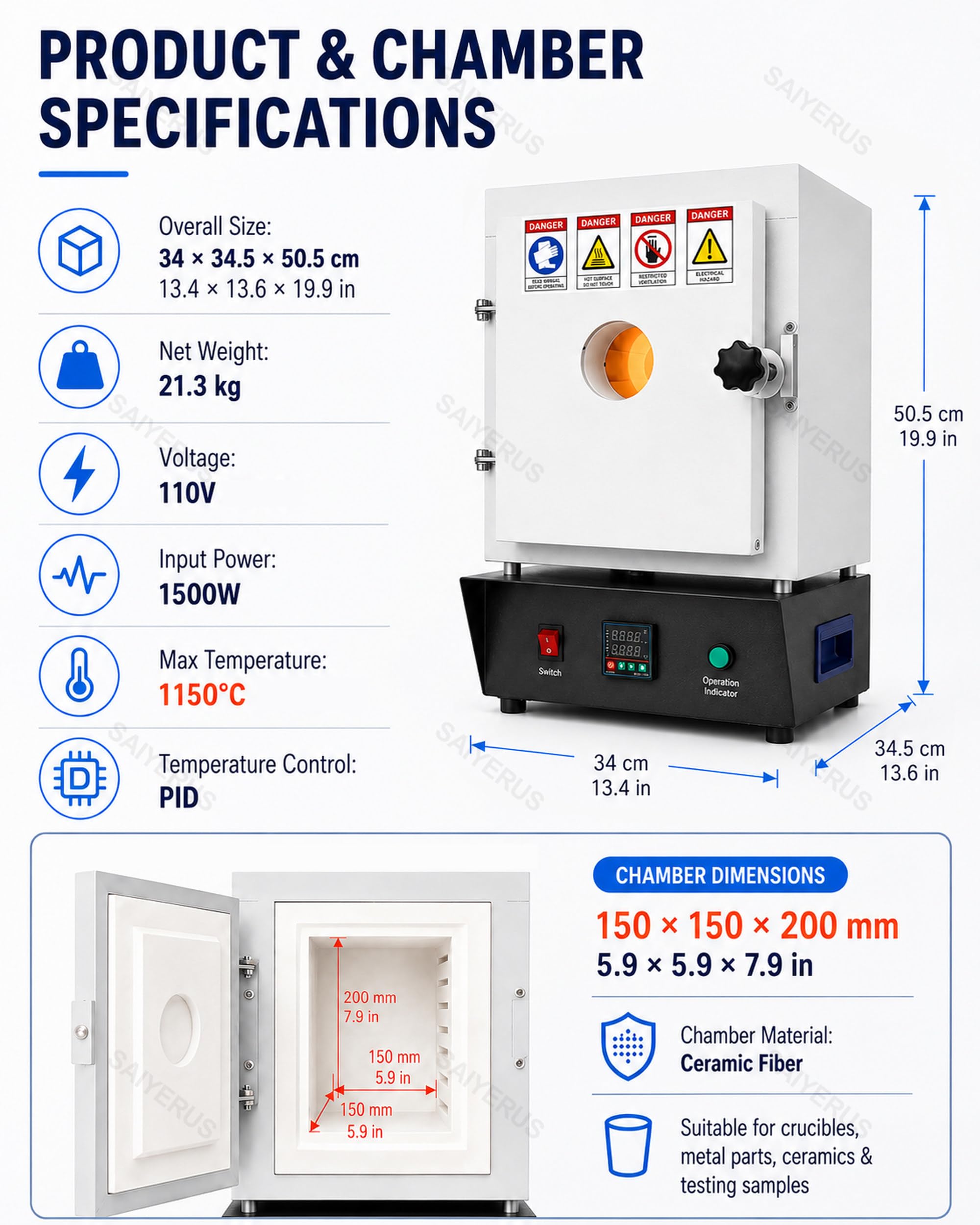 Piec Muflowy 1500 W do Obróbki Cieplnej & Wypalania form Jubilerskich | Maks. 1150°C, Komora 15×15×20cm, Piec Elektryczny 220V do Biżuterii, Emaliowania, Glinki Metalowej, Traconego Wosku, Ceramiki