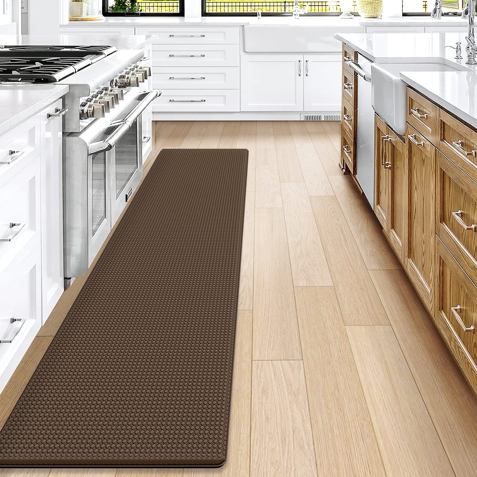 DEXI Kitchen Rug Anti Fatigue,Non Skid Cushioned Comfort Standing Kitchen Mat Waterproof and Oil Proof Floor Runner Mat, Easy to Clean, 17"x95", Brown