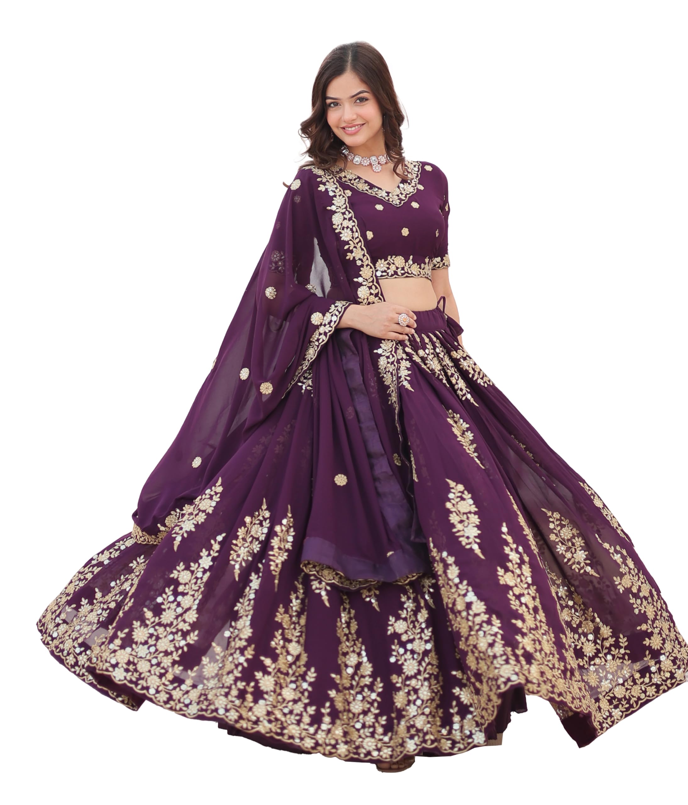 Fashion Basket Georgette Embroidery Stiched Lehenga Choli Duptta Set For Women (Wine, Free)