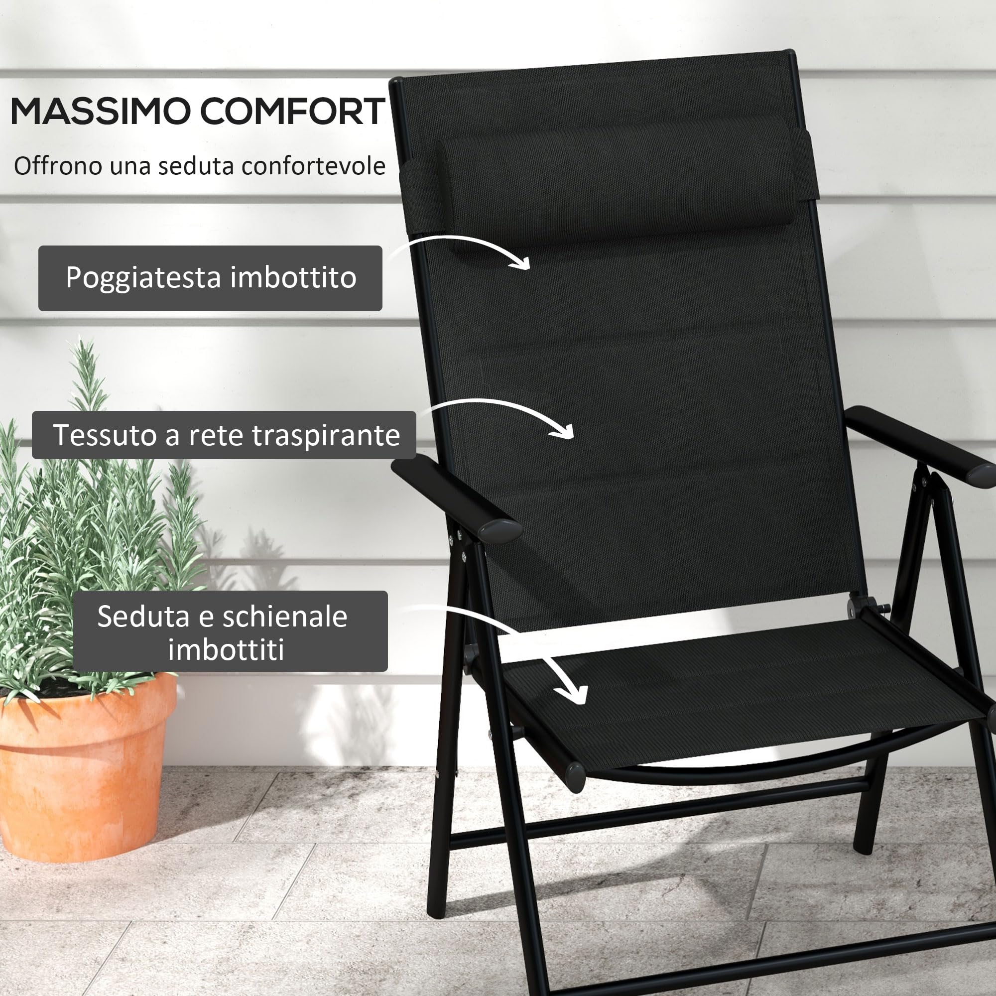 Outsunny Set 2 Sedie Pieghevoli Schienale Reclinabile 54x67x108 cm Nero | Poggiatesta Imbottito, Sedie da Giardino, Alluminio, Tessuto a Rete e Poliestere
