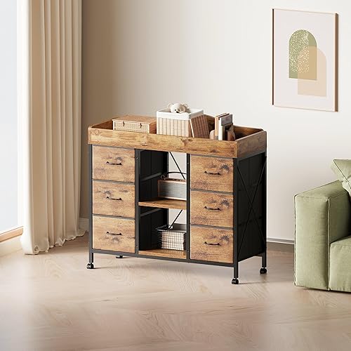 Miniatura 7 de Changing Table, 6-Drawer Baby Dresser with Changing Table top,Waterproof Diaper Changing Station & Pad, 2 Height-Adjustable Open Storage Shelves