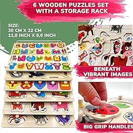 QUOKKA Wooden Puzzles for Toddlers 1-3 - 6XSET Toddler Puzzles Ages 2-4 with Rack - Learning Alphabet - Numbers - Animals Montessori Toy for Kids 3-5 - Wood Games Gift for Boys and Girls