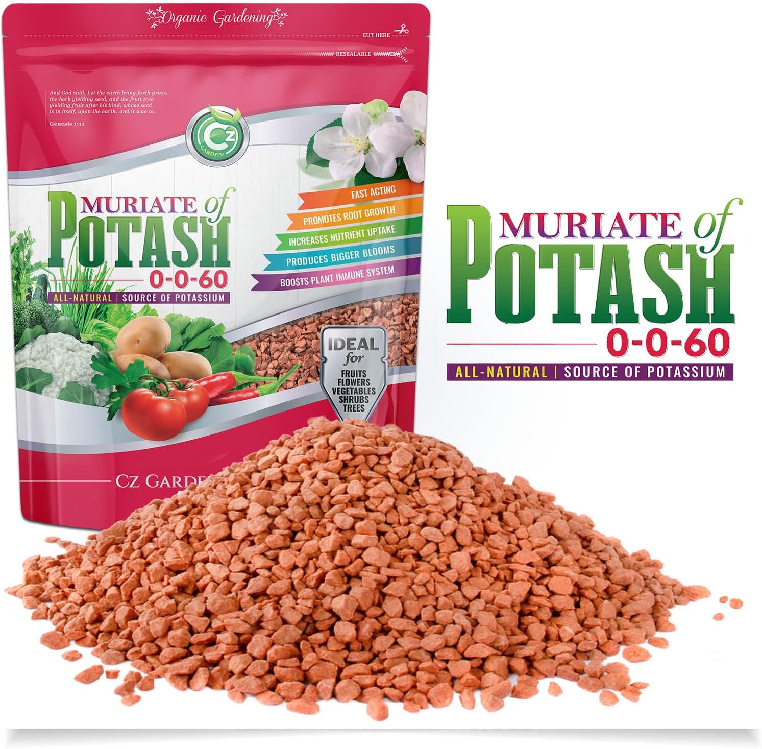 Muriate of Potash 0-0-60 Fertilizer Made in USA - MOP Potassium Plant Food for Indoor/Outdoor Plants, Flower Gardens, Fruit and Vegetable Gardens, Holistic Herbs, Trees and Green Lawns!