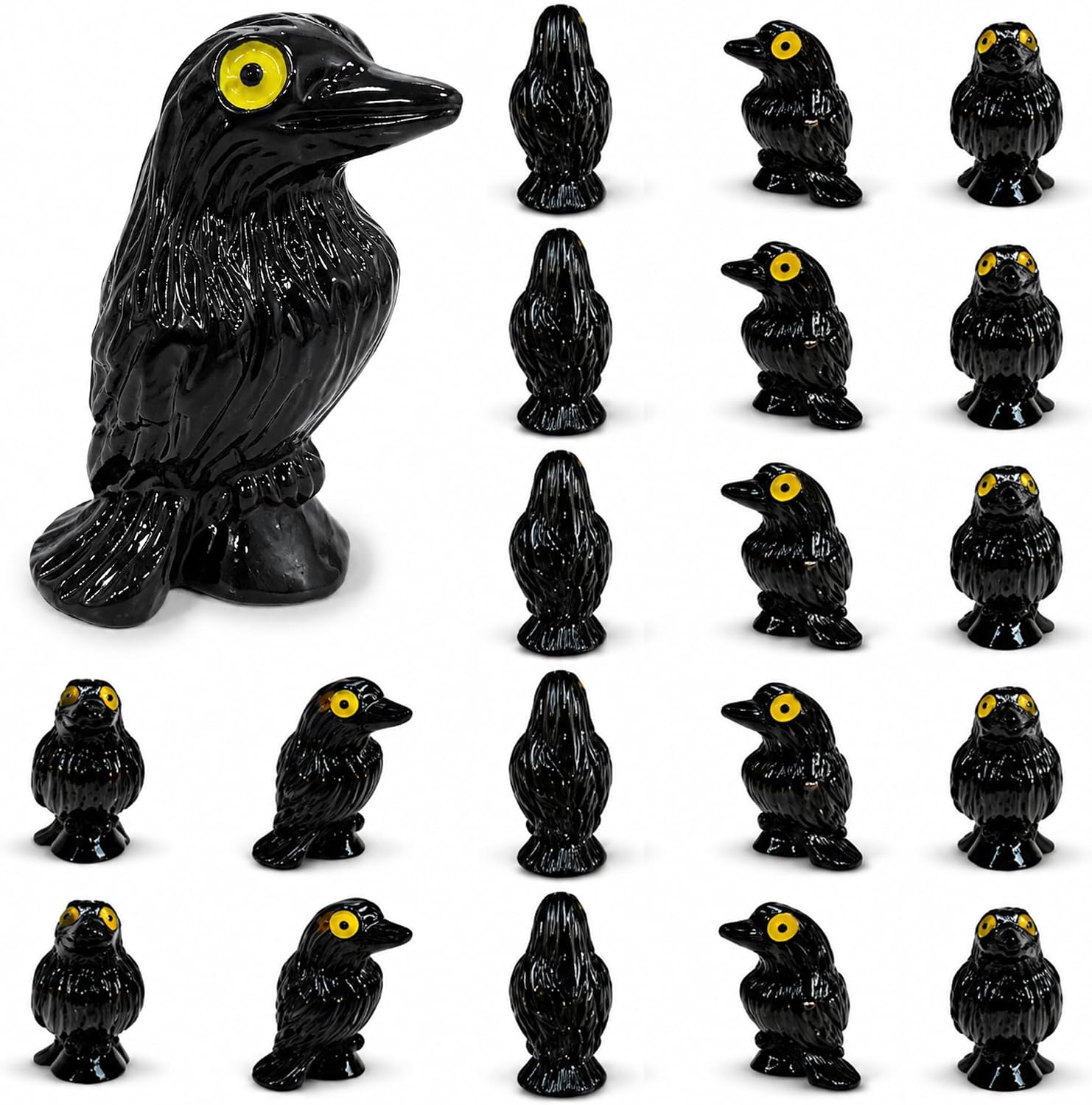 80 Pcs Mini Resin Crow Trinkets with Storage Box, Small Black Raven Figurines for Halloween Decor, Bulk Ornaments for Terrarium & Fairy Garden Micro Landscape