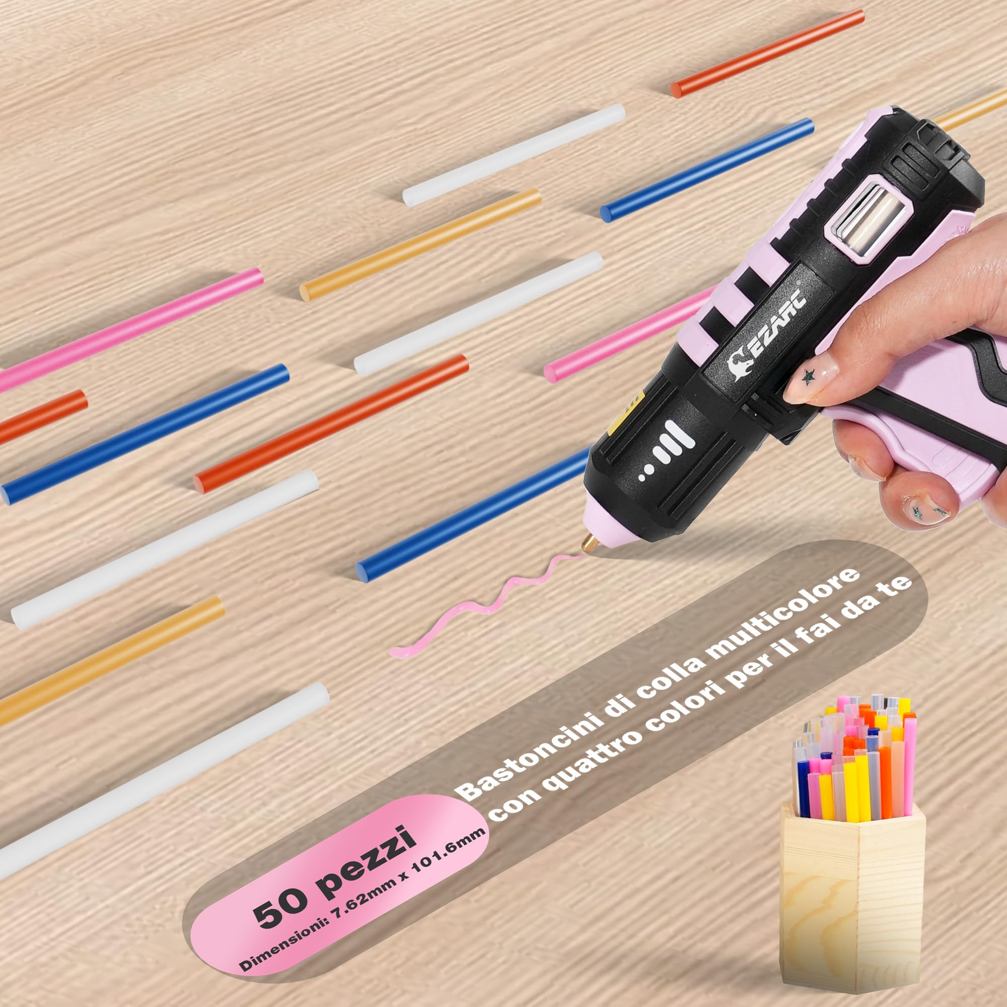 EZARC Pistola per Colla a Caldo Senza Fili, Riscaldamento Rapido in 15s, 12V Pistola a Colla Mini per DIY, Riparazioni Domestiche, Progetti Scolastici, Decorazioni, con 50 Bastoncini di Colla, Rosa