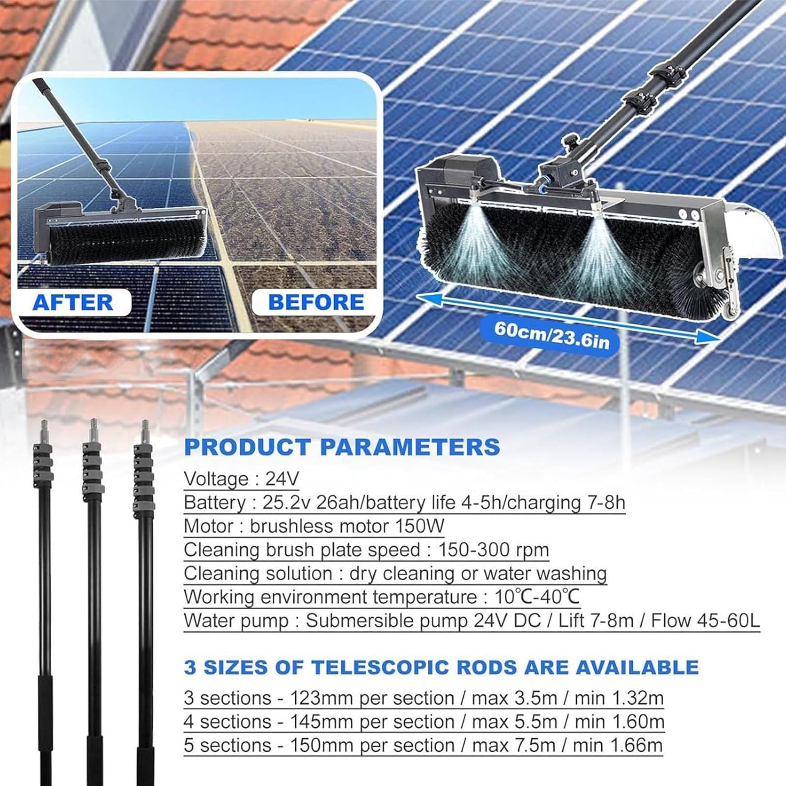 Strumenti Elettrici per Manutenzione Pannelli Fotovoltaici, Spazzola Rotante 60cm, Asta Telescopica 3,5/5,5/7,5m, Alimentata Acqua, Batteria 24V 30Ah per Pulizia di Vetrate e Tetti 7.5M/24FT