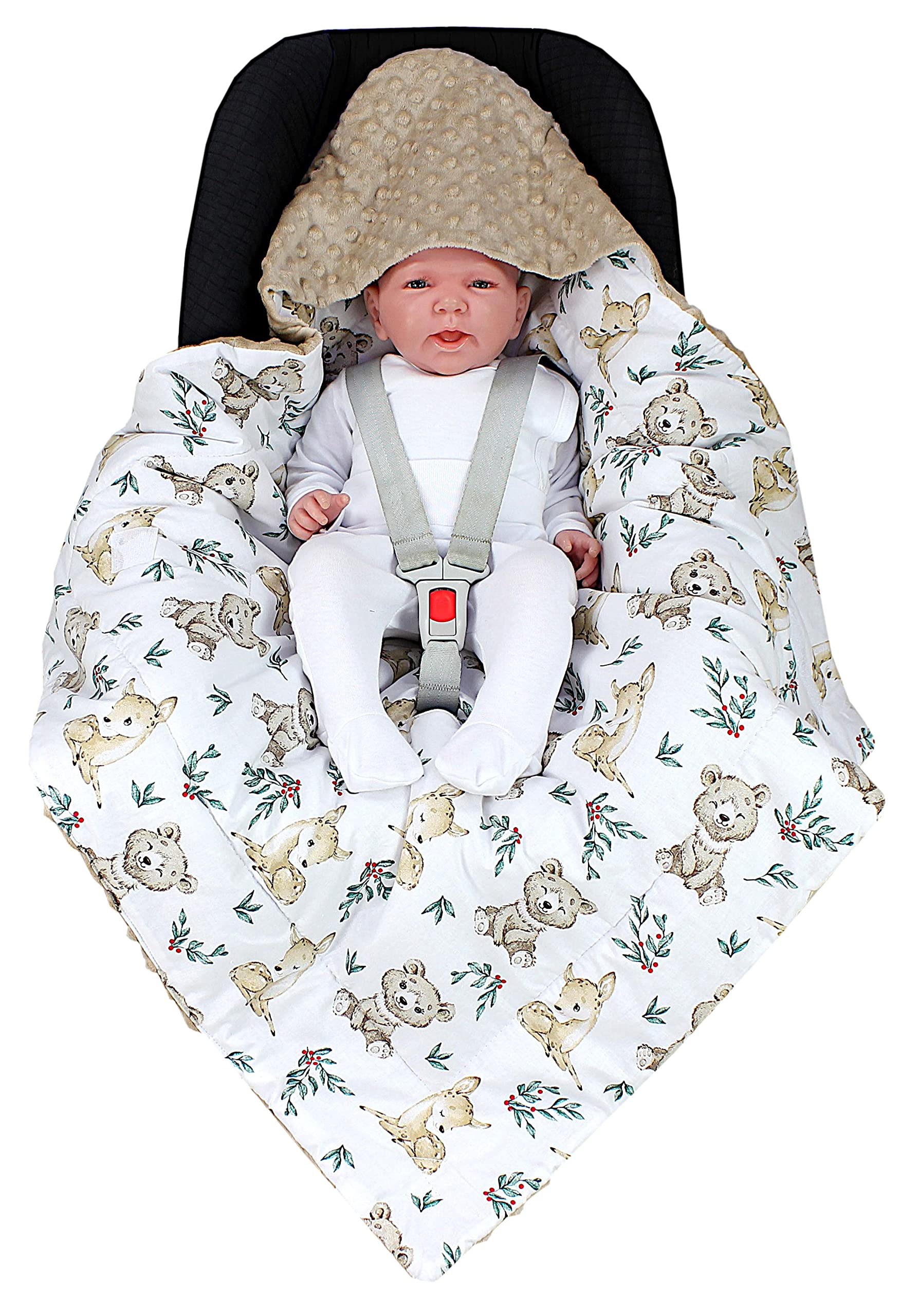 TupTam Baby Winter Einschlagdecke Babydecke 75x75cm für Autositz Babyschale Wattiert Minky Baumwolle Universal, Farbe: Rehlein/Bären/Beige/Hellbraun, Größe: Einheitsgröße