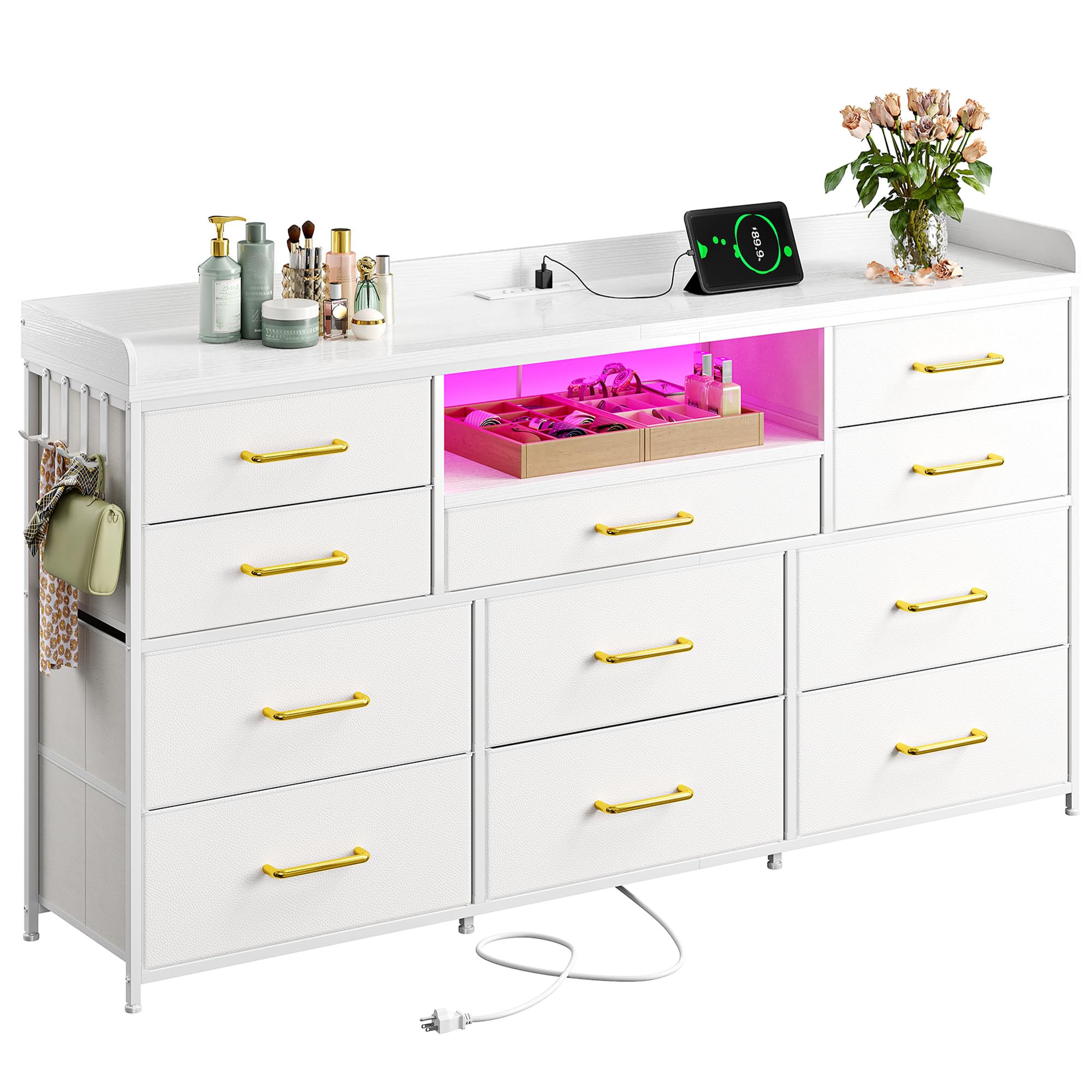 White Dresser for Bedroom with LED Lights & Charging Station & 4 Hooks 11 Drawer Dressers & Chests of Drawers Long Fabric Dresser TV Stand for 50 55