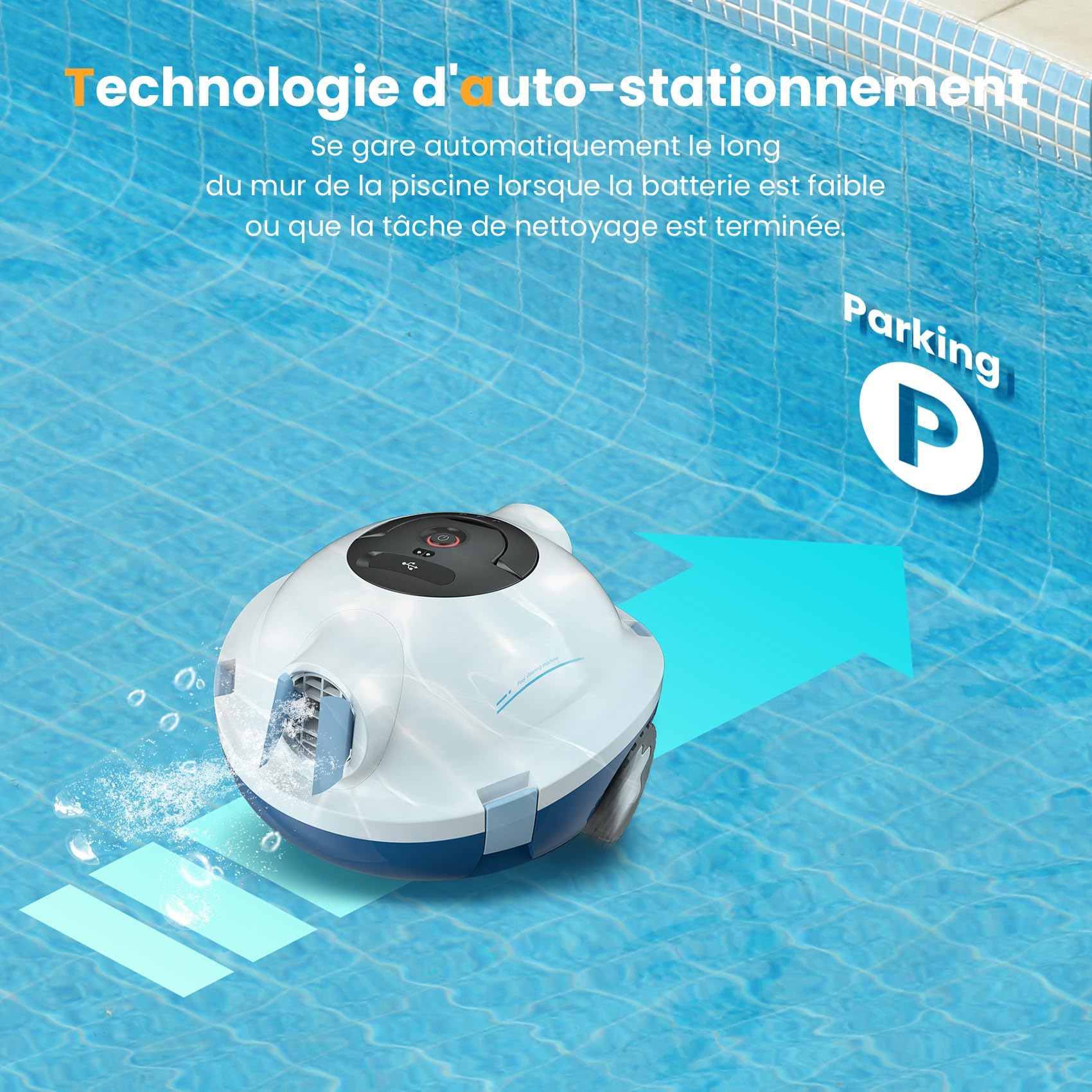 MEDOXA Robot Nettoyeur de Piscine sans Fil, aspirateur de Piscine Automatique, 120 Minutes d'autonomie, Auto-stationnement, Robot Piscine pour Fonds Plats Hors-Sol ou enterrés jusqu'à 100 m²（Blanc）