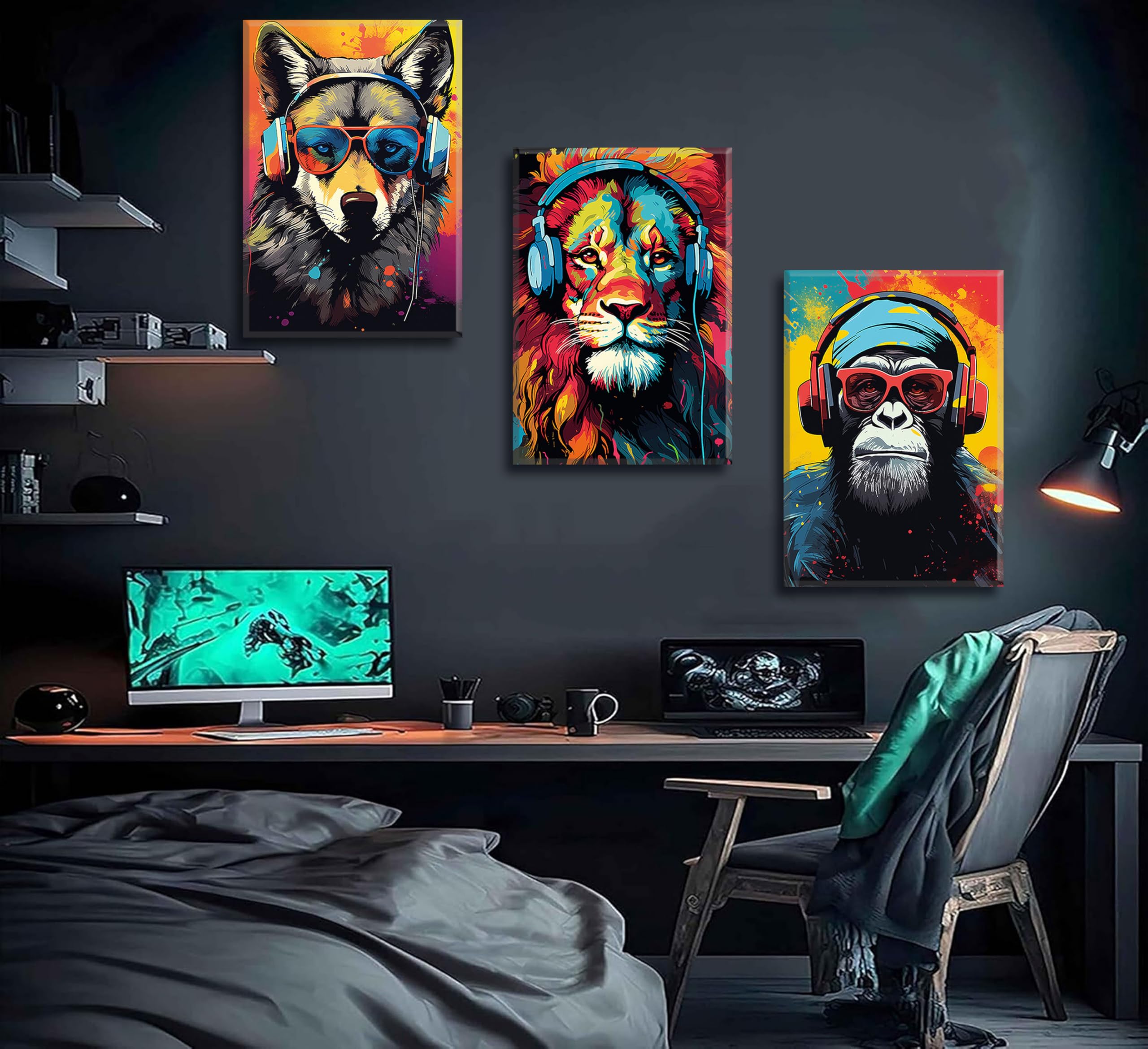 3 x Gaming-Wandkunst, Tier-Graffiti-Poster, Bilder mit Kopfhörern, Sonnenbrille, Gorilla, Tiger, Wolf, coole Gamer-Leinwanddrucke, bunte Graffiti-Gemälde für Teenager, Spiel, Jungenzimmer,