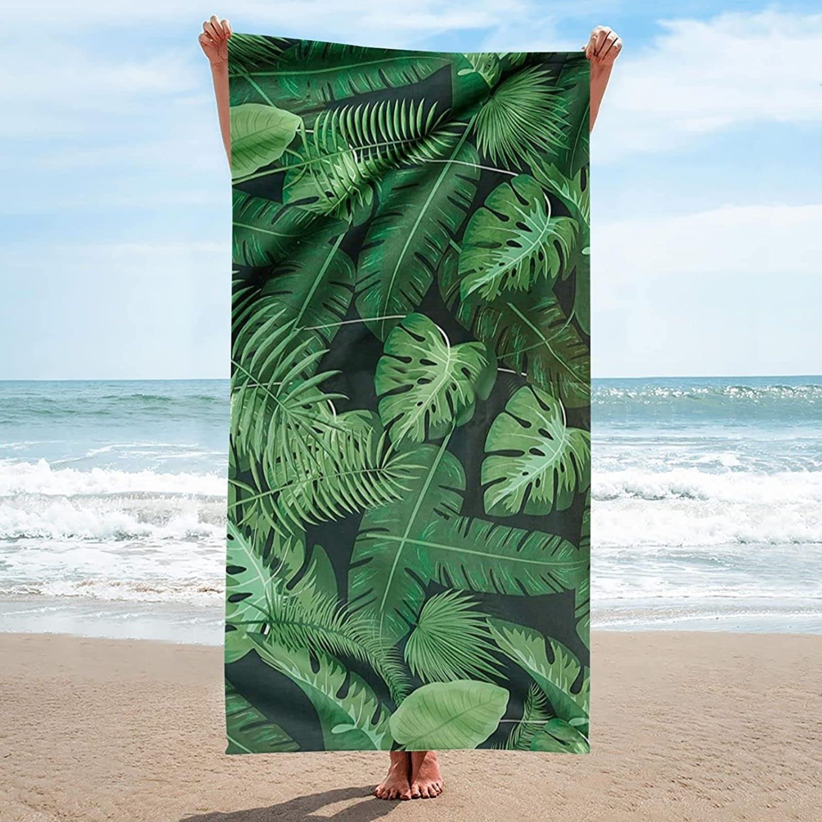 Green Beach Towels Oversized Microfiber Plant for Adults Kids Beach Towel 70x150 cm, Beach Towel Quick Dry Sand Free Lightweight Soft Pool Towels for Travel, Swim, Camping