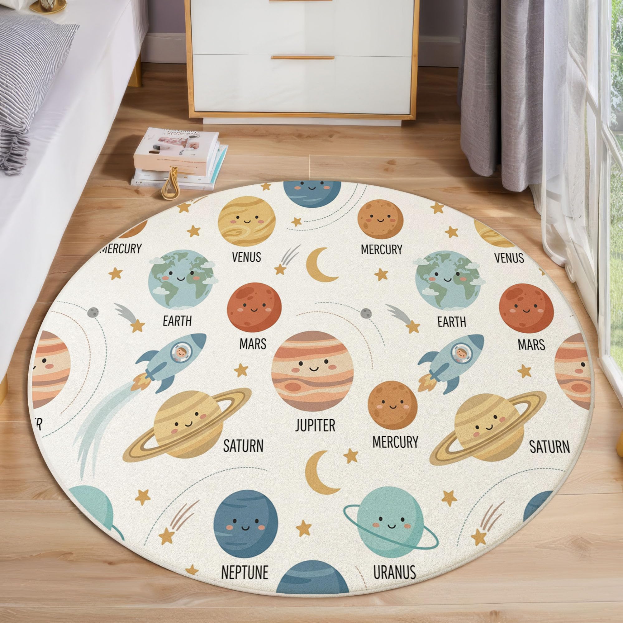 Tapis Rond Lavable Planètes du Système Solaire Fusées 180cm | Tapis Univers De Dessin Animé Mignon Antidérapants Salon Lavable en Machine pour pour Salle à Manger, Entrée, Cuisine, Blanc