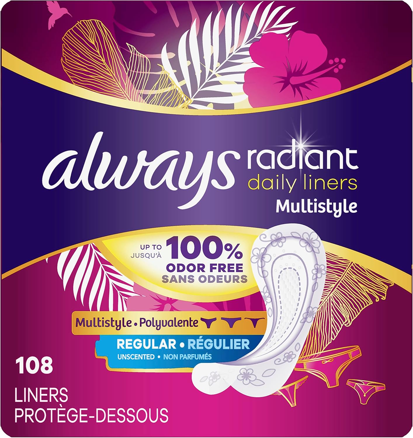 Always Radiant Daily Multistyle Liners Regular Absorbency Unscented, Up to 100% Odor-Free, 108 Count