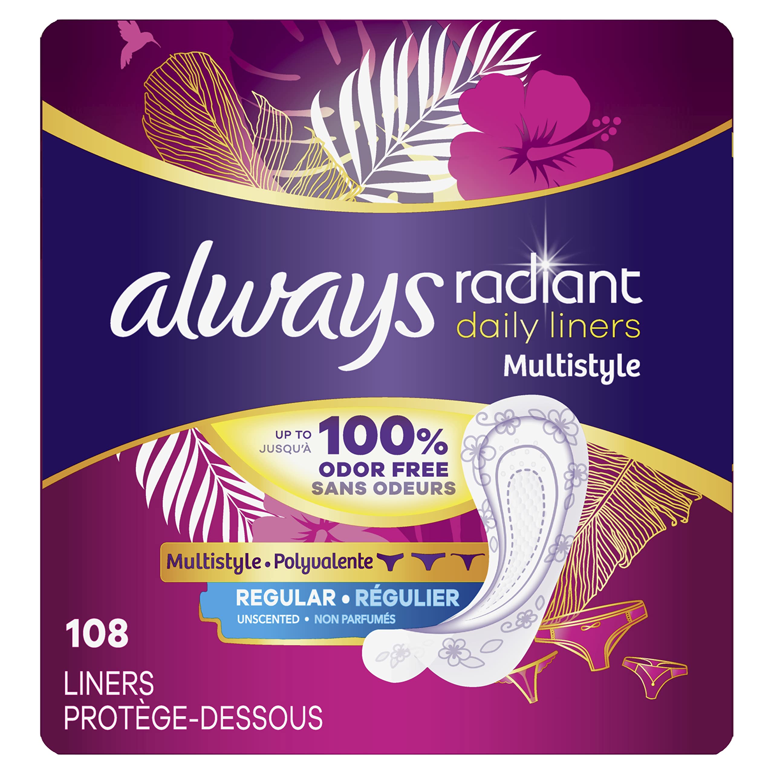 Always Radiant Daily Multistyle Liners Regular Absorbency Unscented, Up to 100% Odor-Free, 108 Count