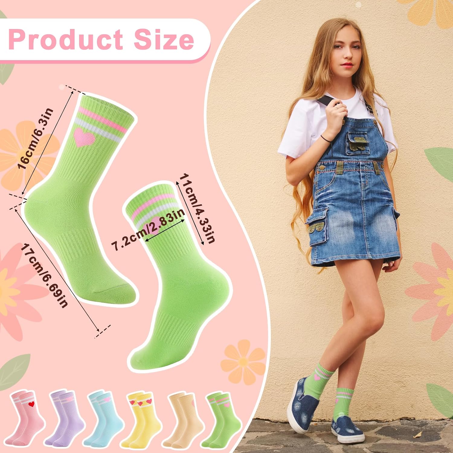 6 Pairs Kids Girls Crew Socks, Cute Stripe Heart Basketball Sock Cotton Athletic Calf Sock for Kid Aged 6-8/9-13