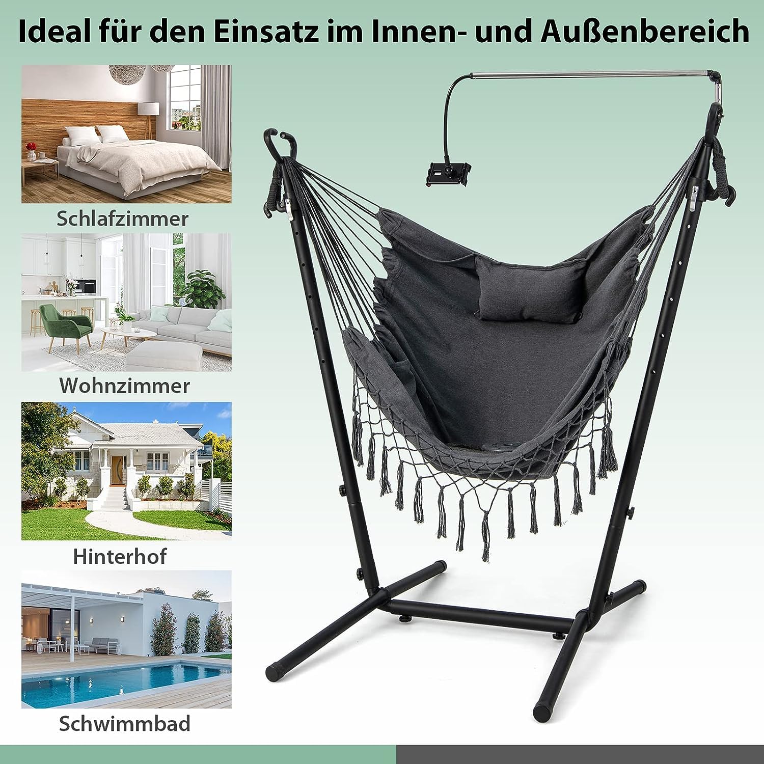 GOPLUS Silla Colgante con Estructura de Metal y Asiento de Algodón, Altura Ajustable y Soporte para Celular, Hamaca con Estructura, para Jardín, Patio y Dormitorio,Carga 250kg (Negro)