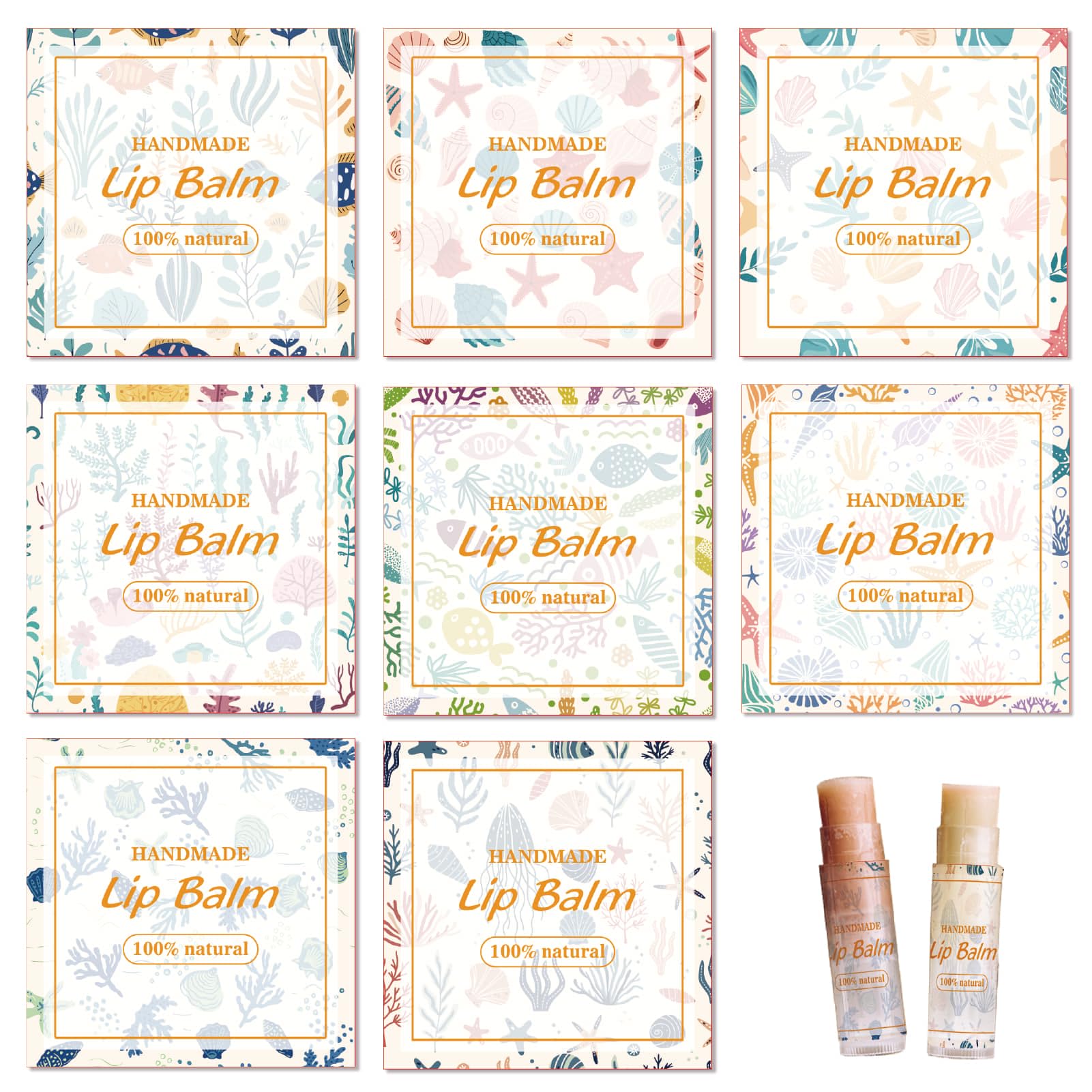 CRASPIRE 80Pcs 8 Styles Lip Balm Sticker Waterproof Ocean Label 2" Homemade Sea Starfish Coral Square DIY Stickers for Hand Cream Candle Containers