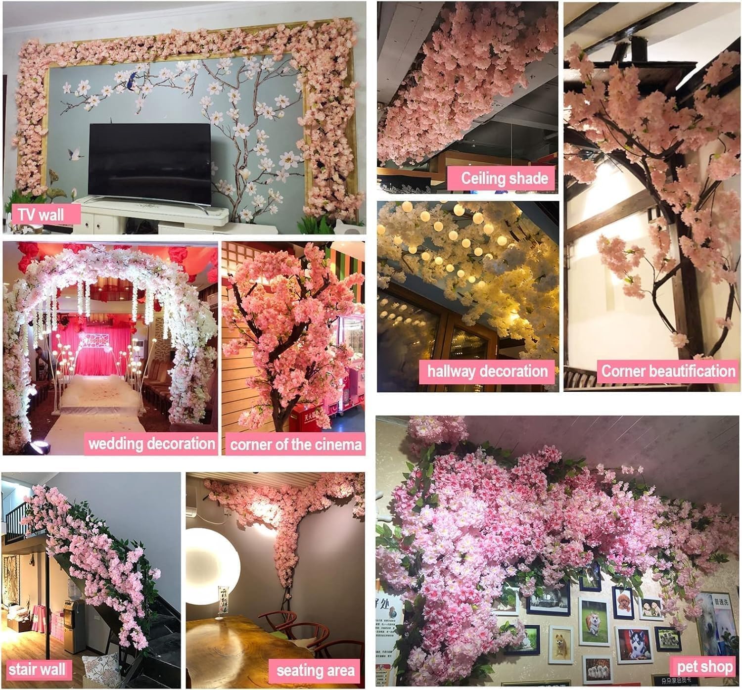 Artificial Cherry Blossom Trees - Fake Flower Background Walls with Simulated Branch and Rattan Design - for Indoor Ceiling Air Conditioning Pipe Ornamental(Pink)