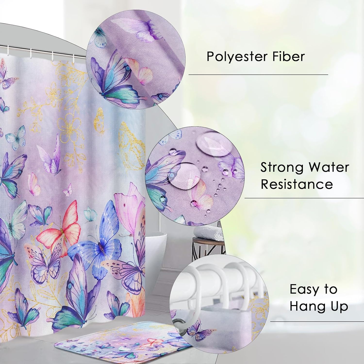 Pamnest 4 Pcs Shower Curtain Sets, Colorful Butterfly Blue Floral Waterproof Bathroom Sets with Non-Slip Rugs, Toilet Lid Cover and Bath Mat, 12 Hooks, Accessories Modern Home Bathroom Decor 72" X 72"