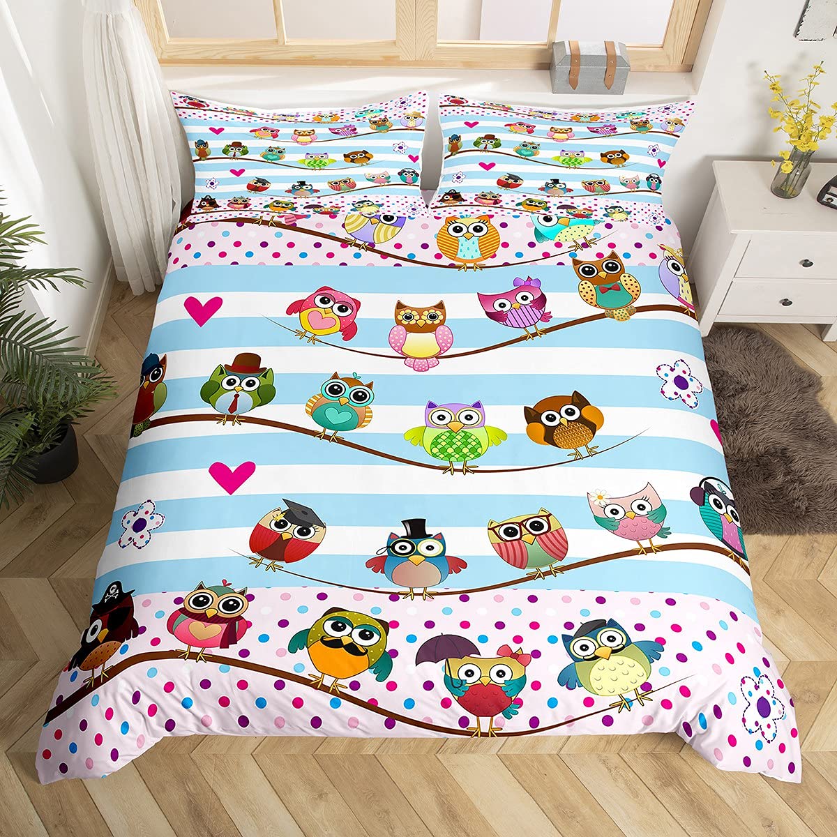 Loussiesd Cute Owl Bedding Set Super King 3D Animal Printed Duvet Cover Set for Kids Colorful Cartoon Owls Design Beds Set Funny Bird Decor Pink Blue Bedroom Decor 3pcs — image 1