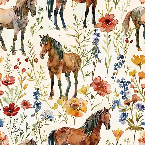 ICOOP Horse Wallpaper Watercolor Western Farmhouse Peel and Stick Wallpaper 17.5"x276" Cottage Core Vintage Wall Paper Boho Rustic Farm Floral Animal Contact Paper for Cabinets Horse Wall Mural