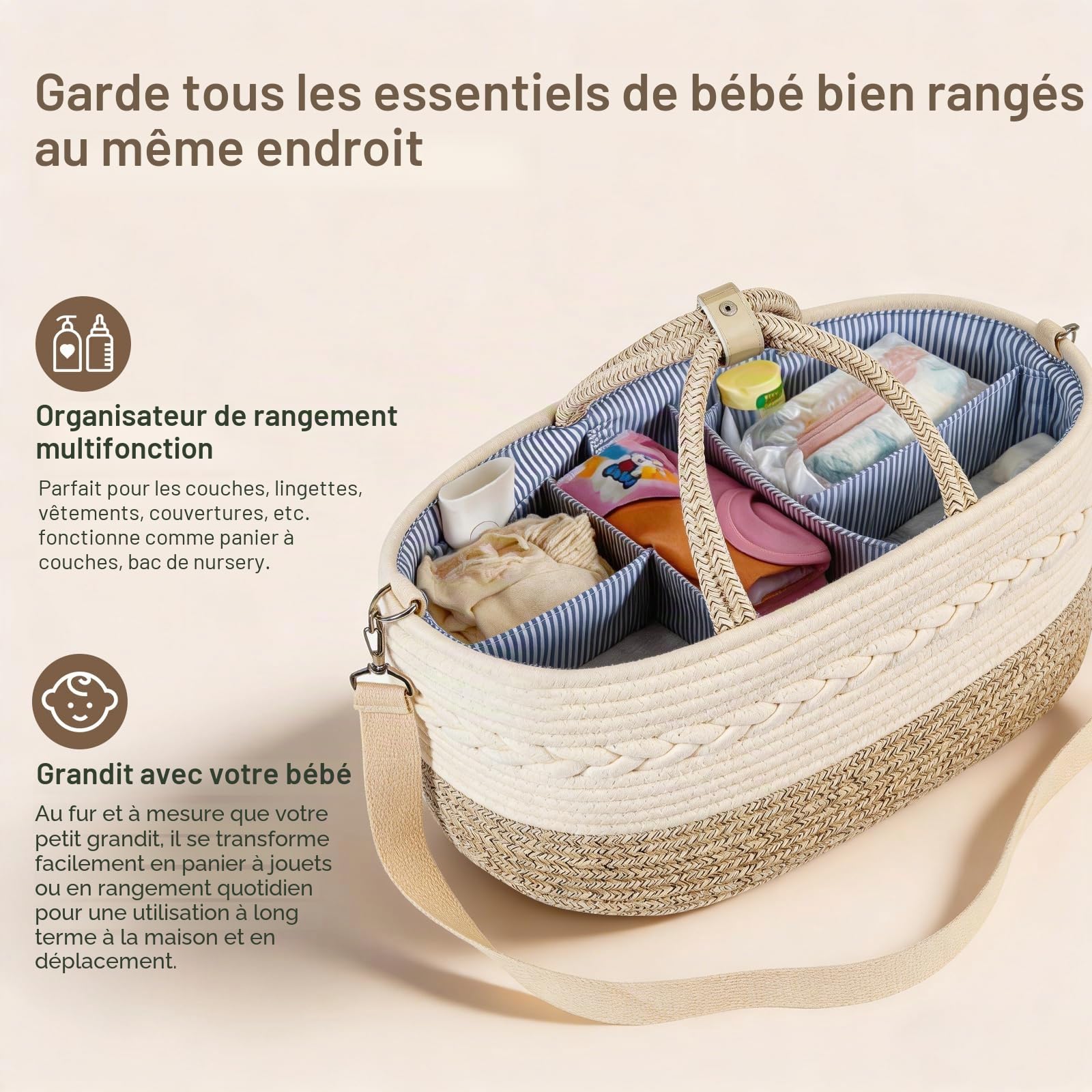 Organisateur de panier à couches pour bébé, panier de rangement pour chambre d'enfant avec 3 compartiments, toile 100% coton, panier à langer portable, cadeau pour nouveau-né