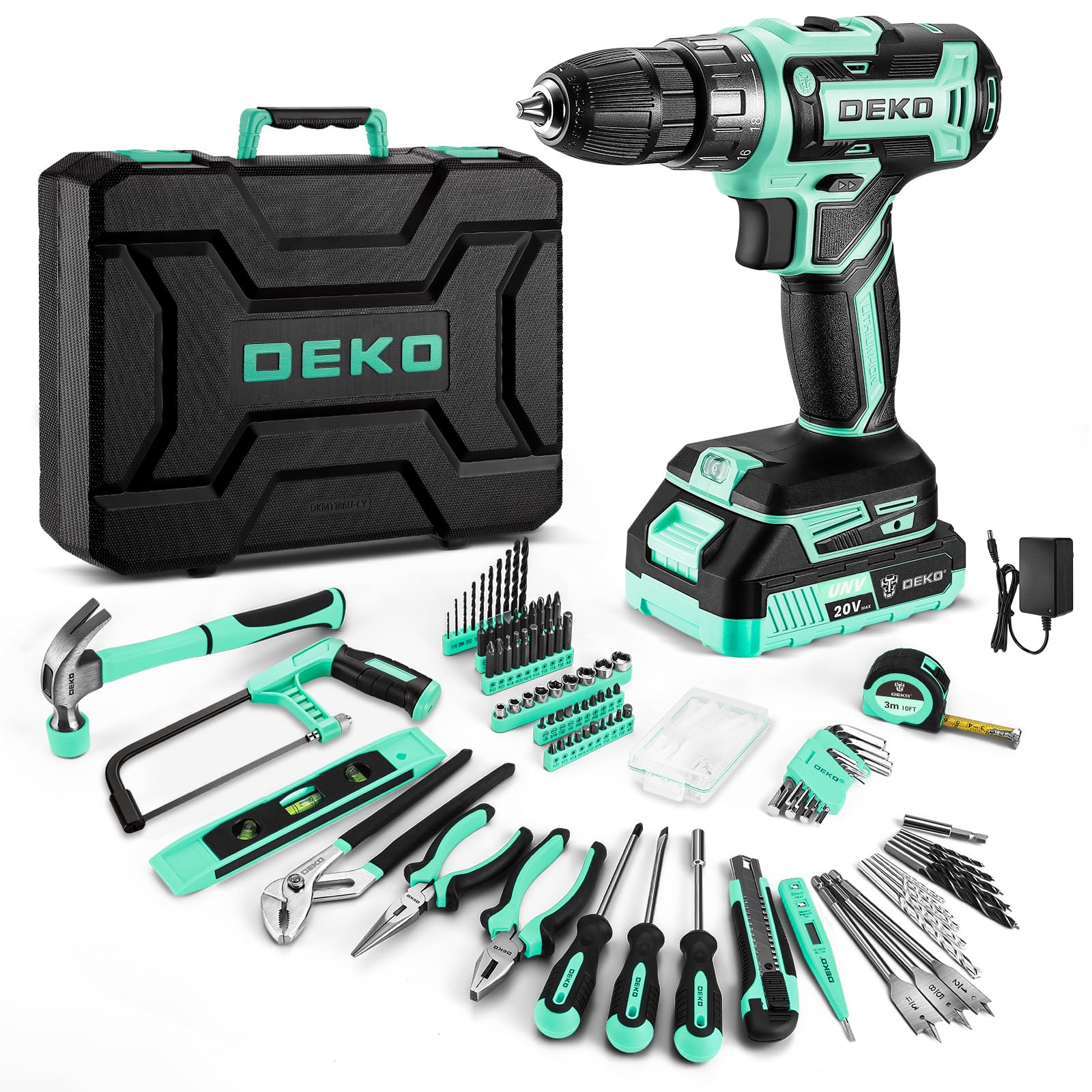 Drill Tool Kit Set: 20V Cordless Power Drill Tool Box with Battery Electric Drill Driver for Men Home Hand Repair Basic Toolbox Tools Sets Drills Case, Turquoise