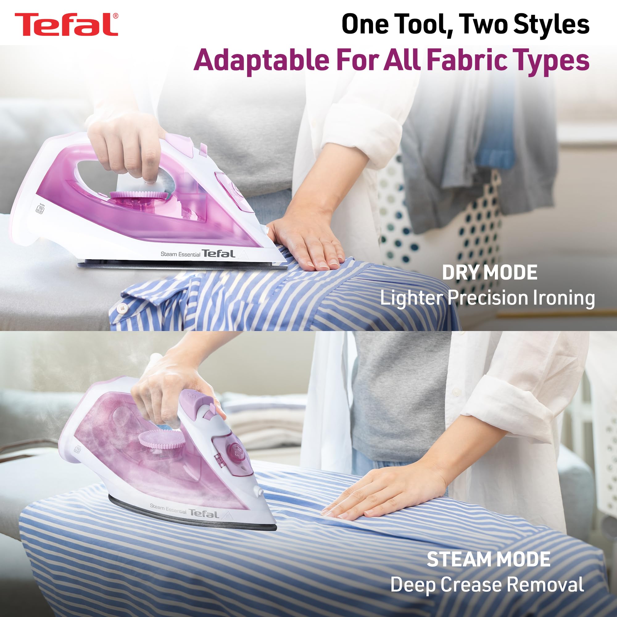Tefal Pink Steam Essential Iron | 1200 Watts Lightweight Steam Iron with Non-Stick Soleplate | Continuous Steam Boost | Vertical Steaming | No.1 Ironing Brand in Europe | 2-Year Warranty 2
